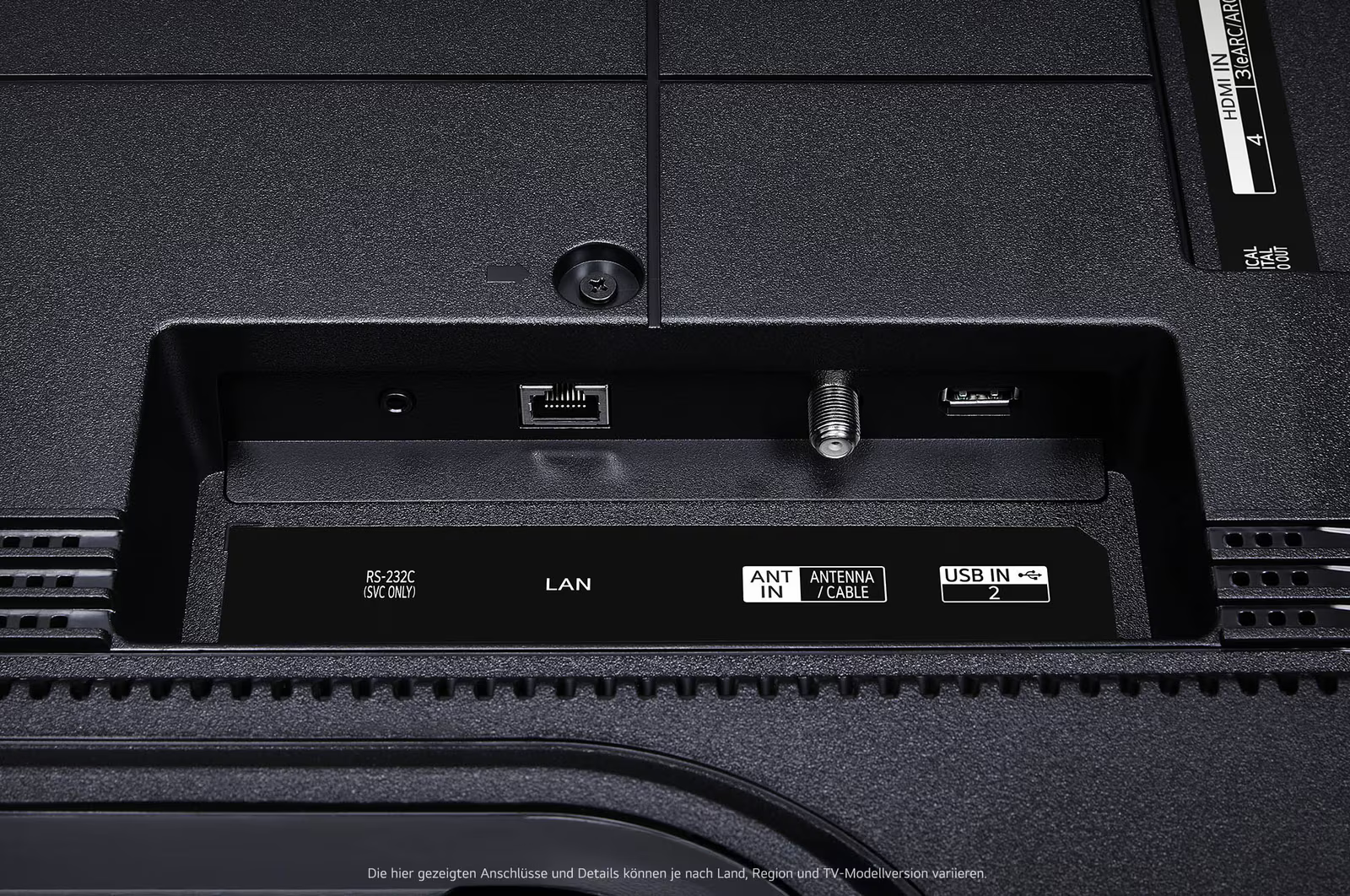TV hátlapja különféle portokkal: RS-232C, LAN, antenna, USB és HDMI. Fekete, texturált felület feliratokkal.