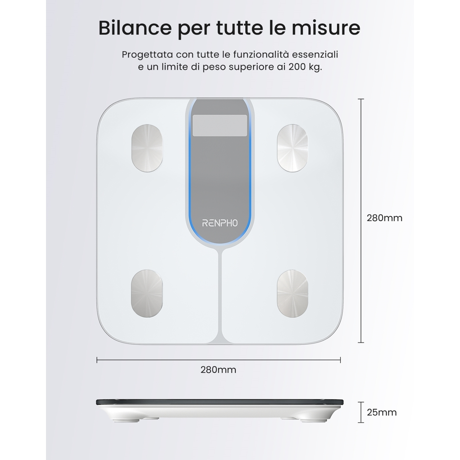 Bilancia RENPHO bianca con display digitale. Mostra le misurazioni. Dispone di quattro cuscinetti circolari e dimensioni: 280x280x25mm.