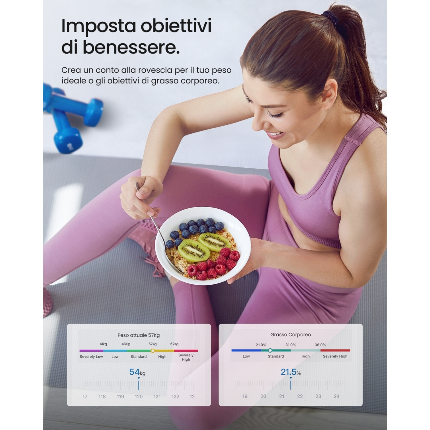 Donna con una ciotola di frutta su un tappetino yoga, grafici sulla salute sullo sfondo.