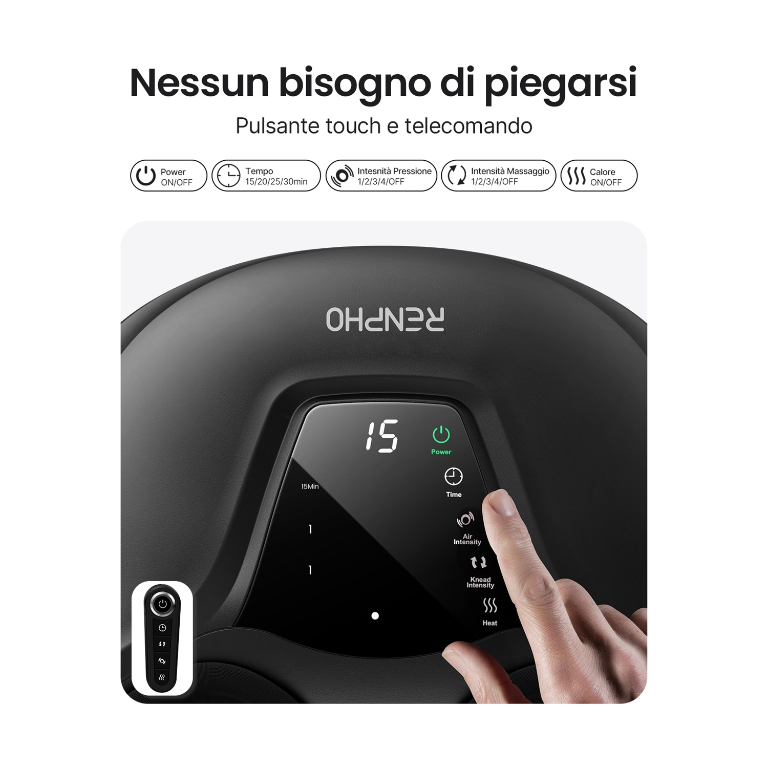 Una mano tocca il pannello di controllo di un massaggiatore per piedi nero. Mostra un timer e le impostazioni del calore con un display digitale '15'.