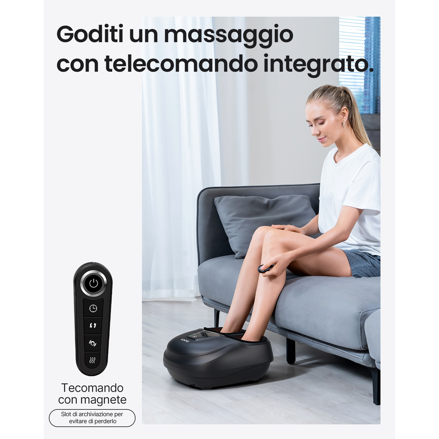 Una donna usa un massaggiatore per piedi con telecomando. Testo: 'Goditi un massaggio con telecomando integrato.'