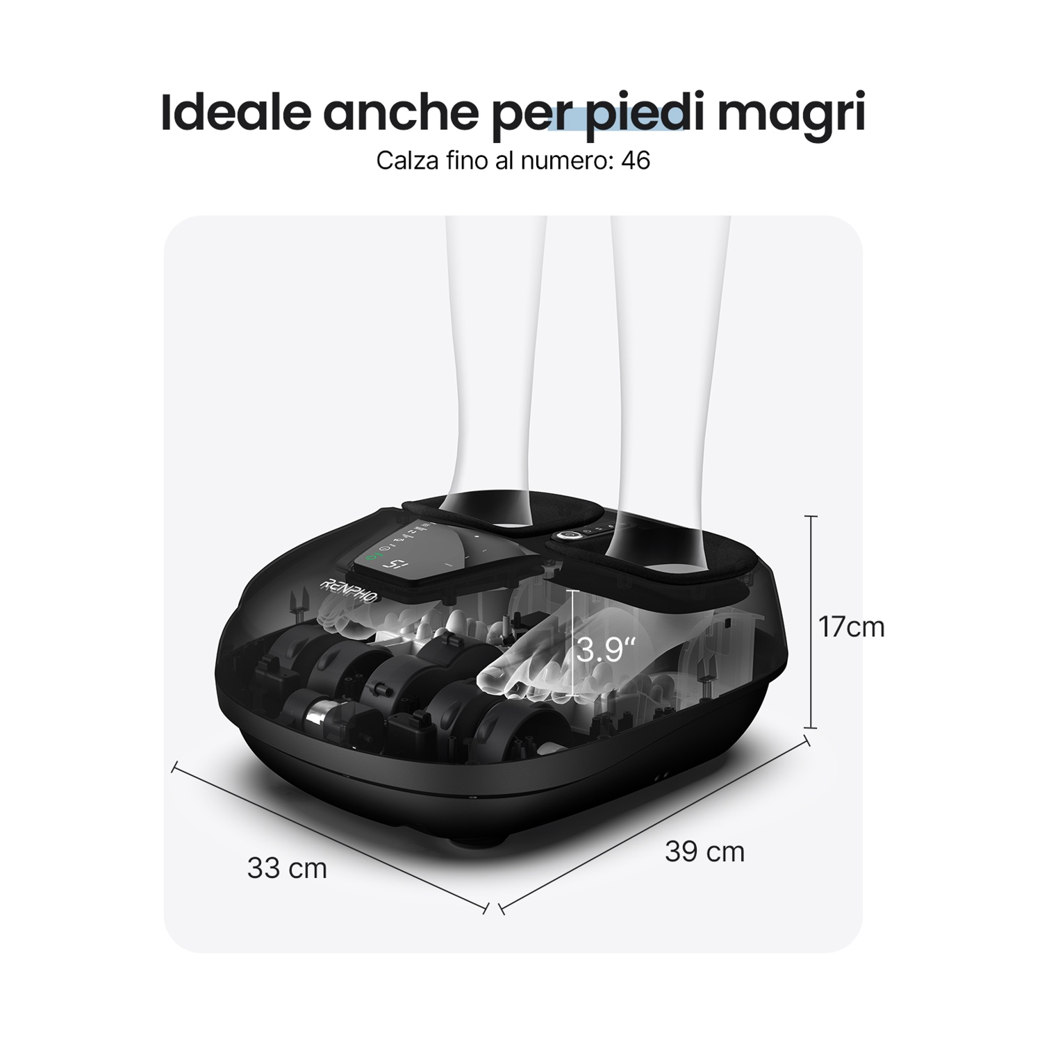 Un massaggiatore per piedi con piedi all'interno. È nero e ha dimensioni etichettate. Il testo recita: Ideale per piedi sottili, fino alla taglia 46.