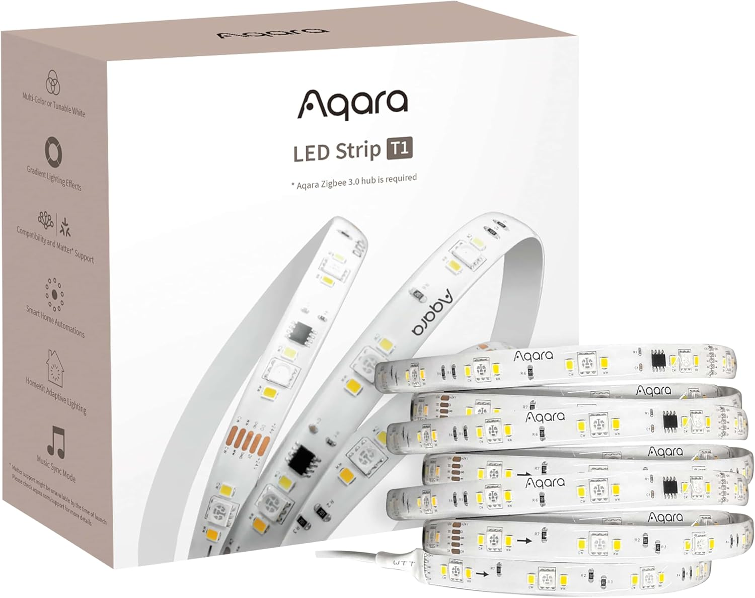 Egy fehér doboz "Aqara LED Strip T1" felirattal és LED szalagok halmaza. Jellemzők: hangolható fehér, színátmenet effektusok, és Matter támogatás.