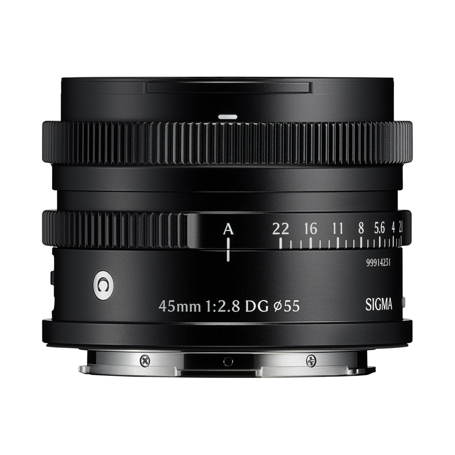 Un obiettivo per fotocamera Sigma nero. Presenta numeri e segni, tra cui "45mm 1:2.8 DG Ø55" e "SIGMA" stampati.
