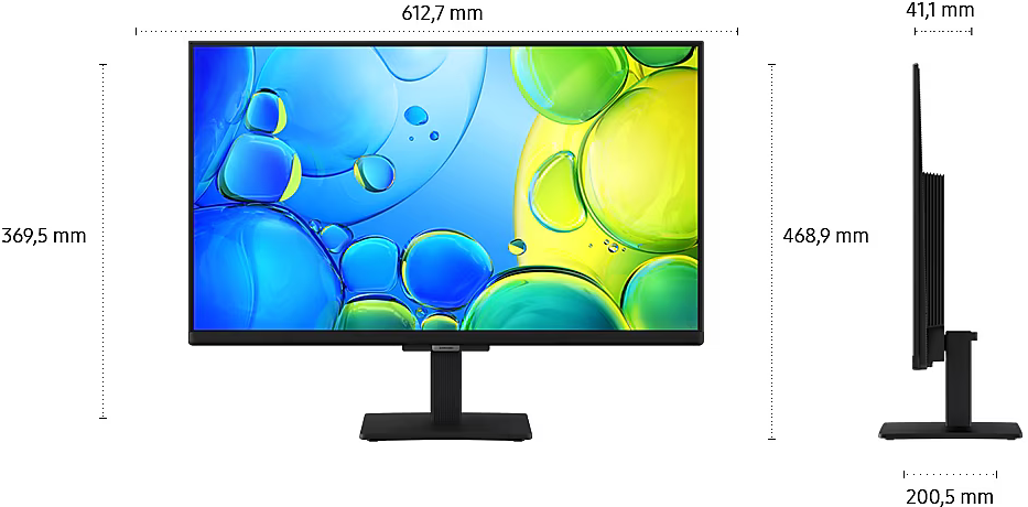 Egy számítógép-monitor elölről és oldalról látható, méretekkel. A képernyő kék és zöld absztrakt formákat jelenít meg.