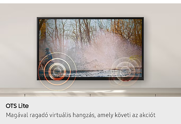 A TV víz fröcskölődését mutatja. Hanghullámok áramlanak a TV-ből. Fehér fal a háttérben az OTS Lite szavakkal.