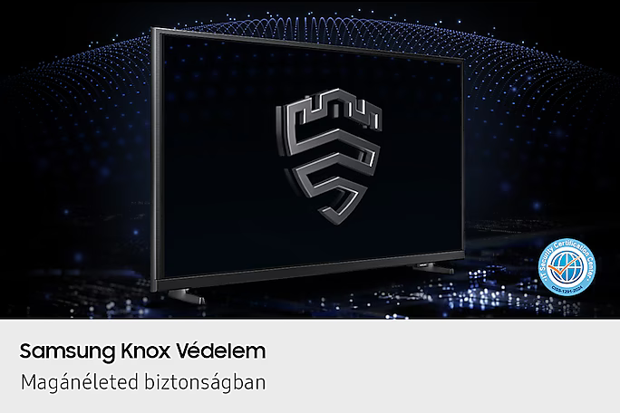 A Samsung TV a Knox pajzs logóját jeleníti meg. A háttér sötétkék, futurisztikus dizájnt mutat, tanúsítvány logóval.