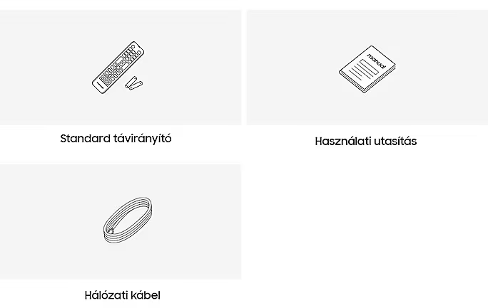 A képen egy távirányító, egy használati útmutató és egy kábel látható. Mindegyik fekete-fehér vonalrajz fehér háttéren.