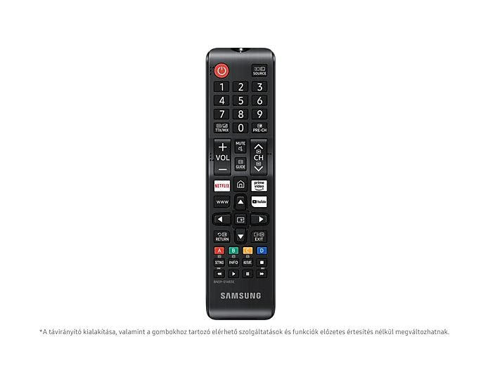 Egy fekete Samsung TV távirányító függőlegesen. Sok gombja van, számokkal, hangerőszabályzóval és alkalmazás-parancsikonokkal. Felül egy piros bekapcsológomb.