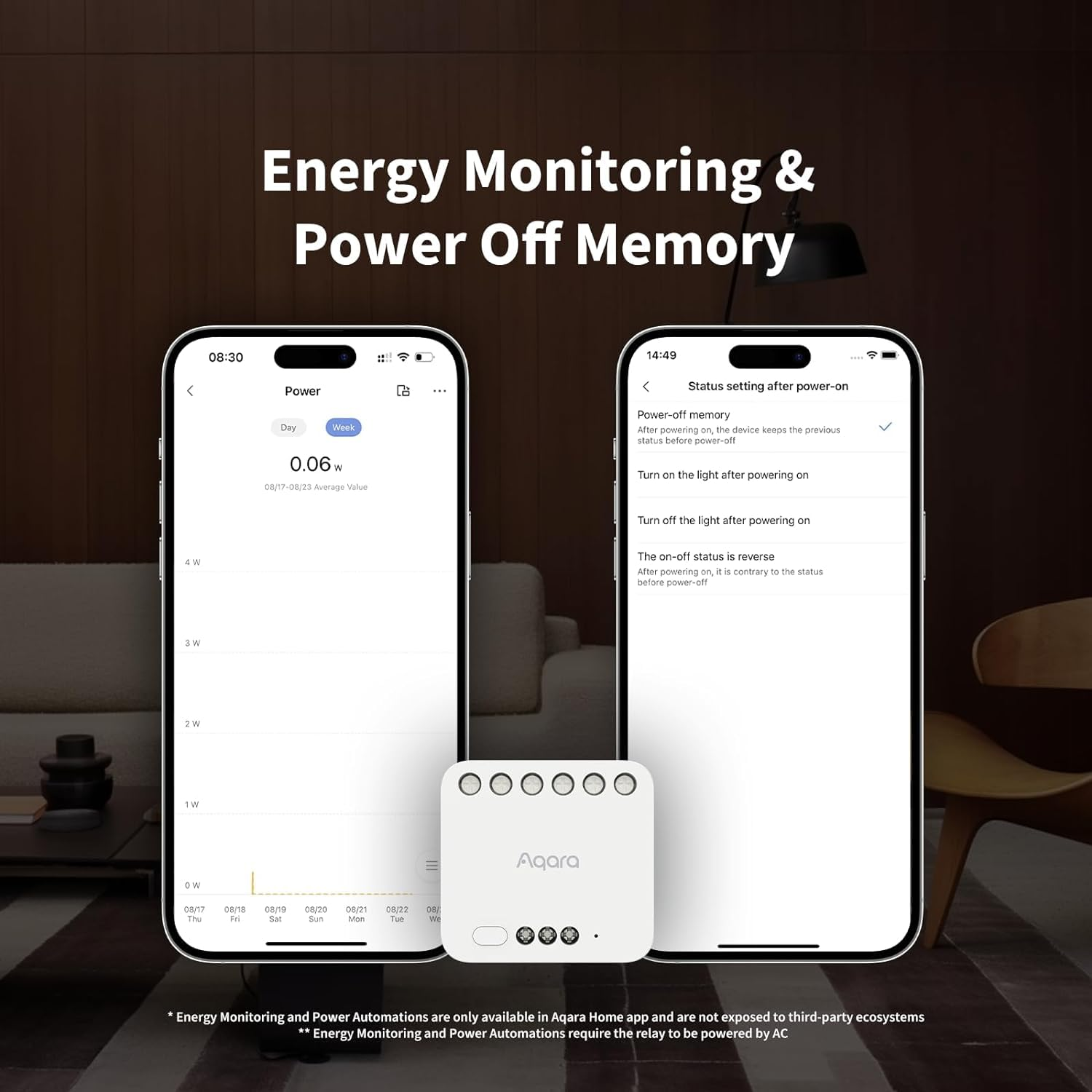 Két telefonon energiafigyelés és beállítások láthatók. Egy fehér Aqara eszköz a képernyők alatt.
