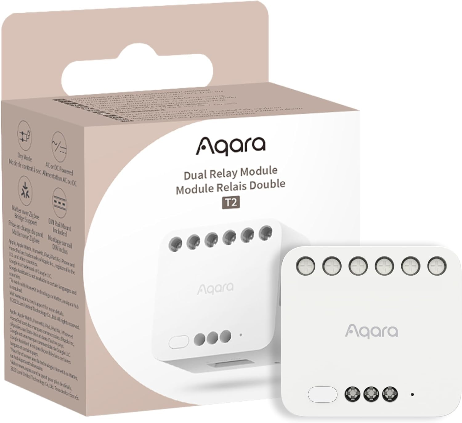 Egy fehér Aqara Dual Relay Module T2 doboz és maga a készülék látható. A dobozon termékinformációk, a készüléken gombok vannak.