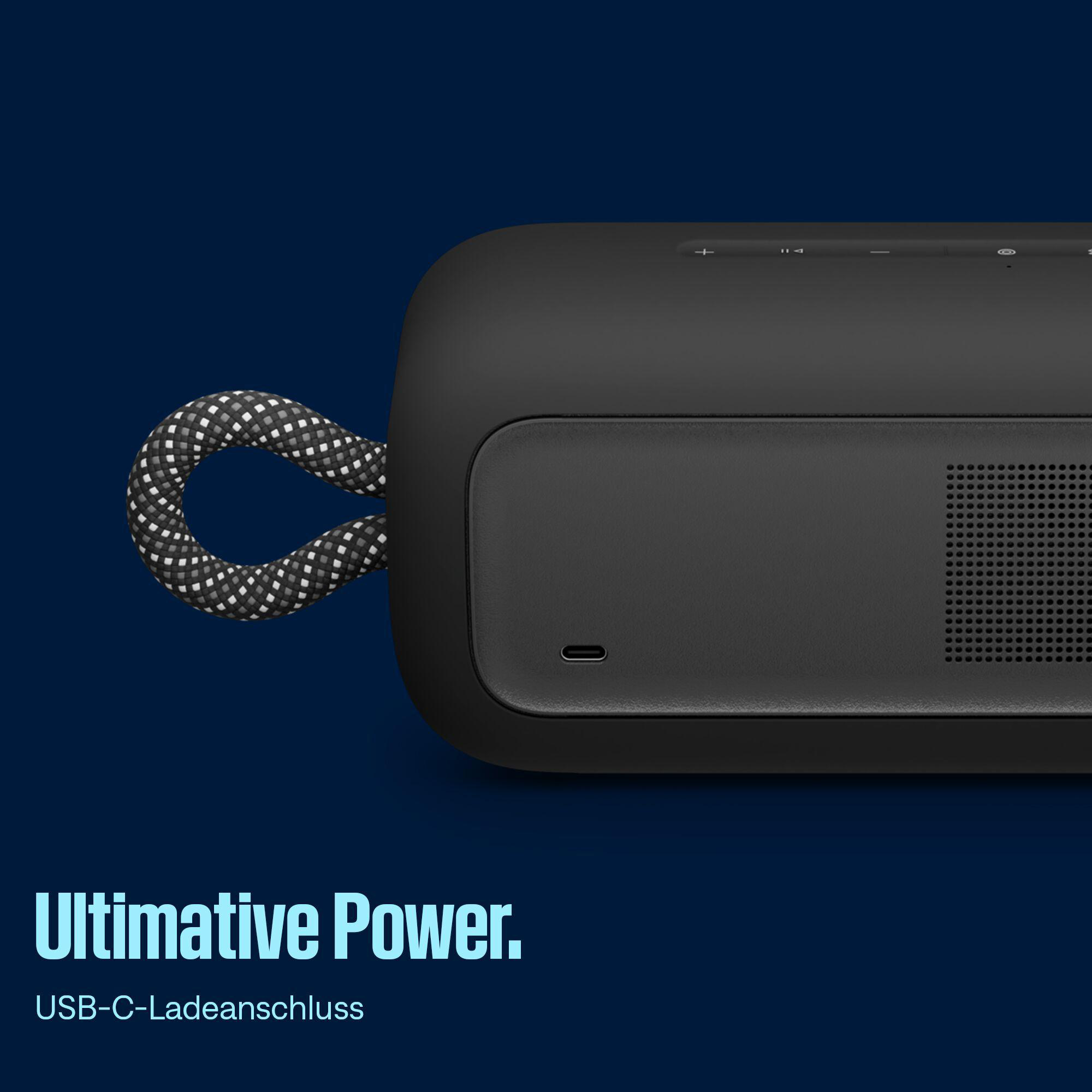 Schwarzer Lautsprecher mit gemustertem Griff. USB-C-Anschluss sichtbar. Text: Ultivative Power, USB-C-Ladeanschluss.