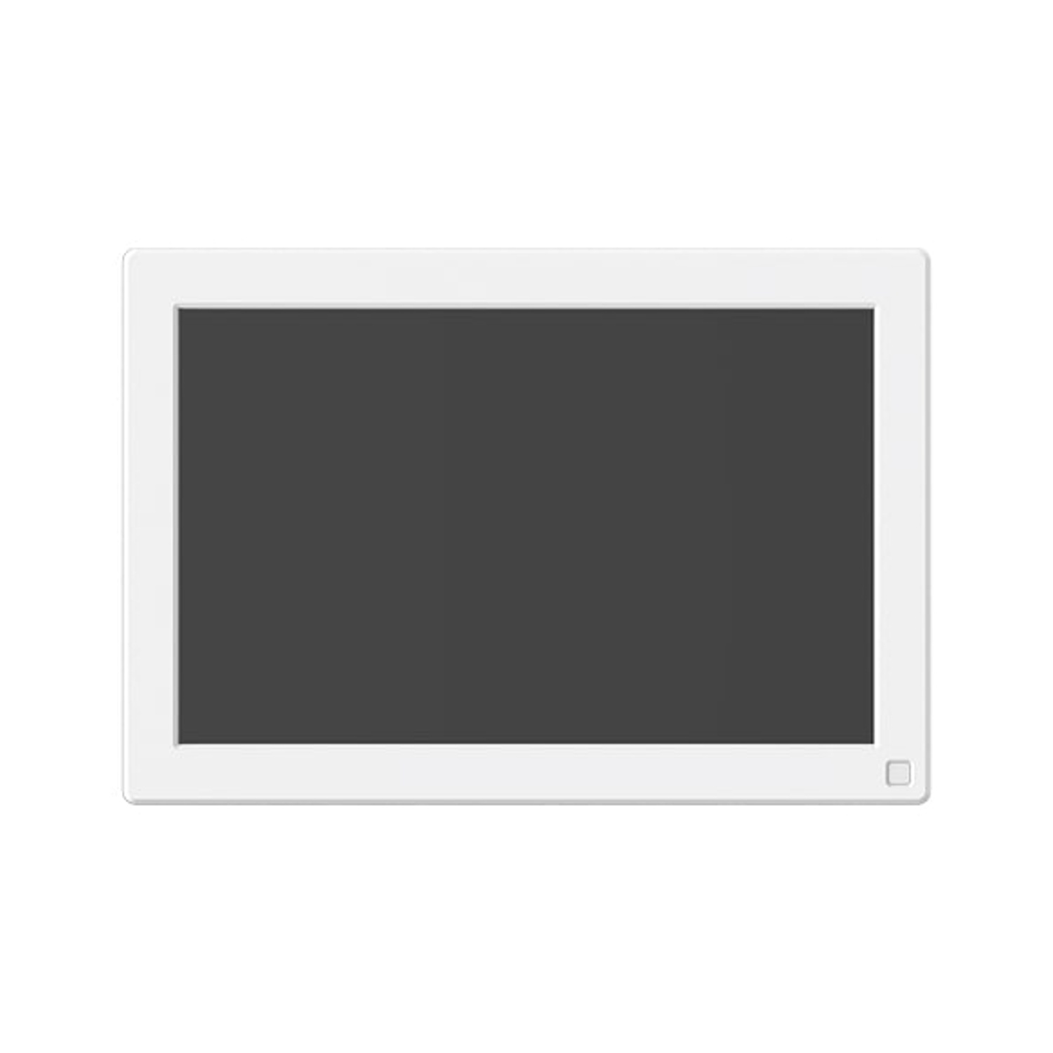 Uno schermo rettangolare con cornice bianca e display nero. Un piccolo pulsante quadrato è nell'angolo in basso a destra.