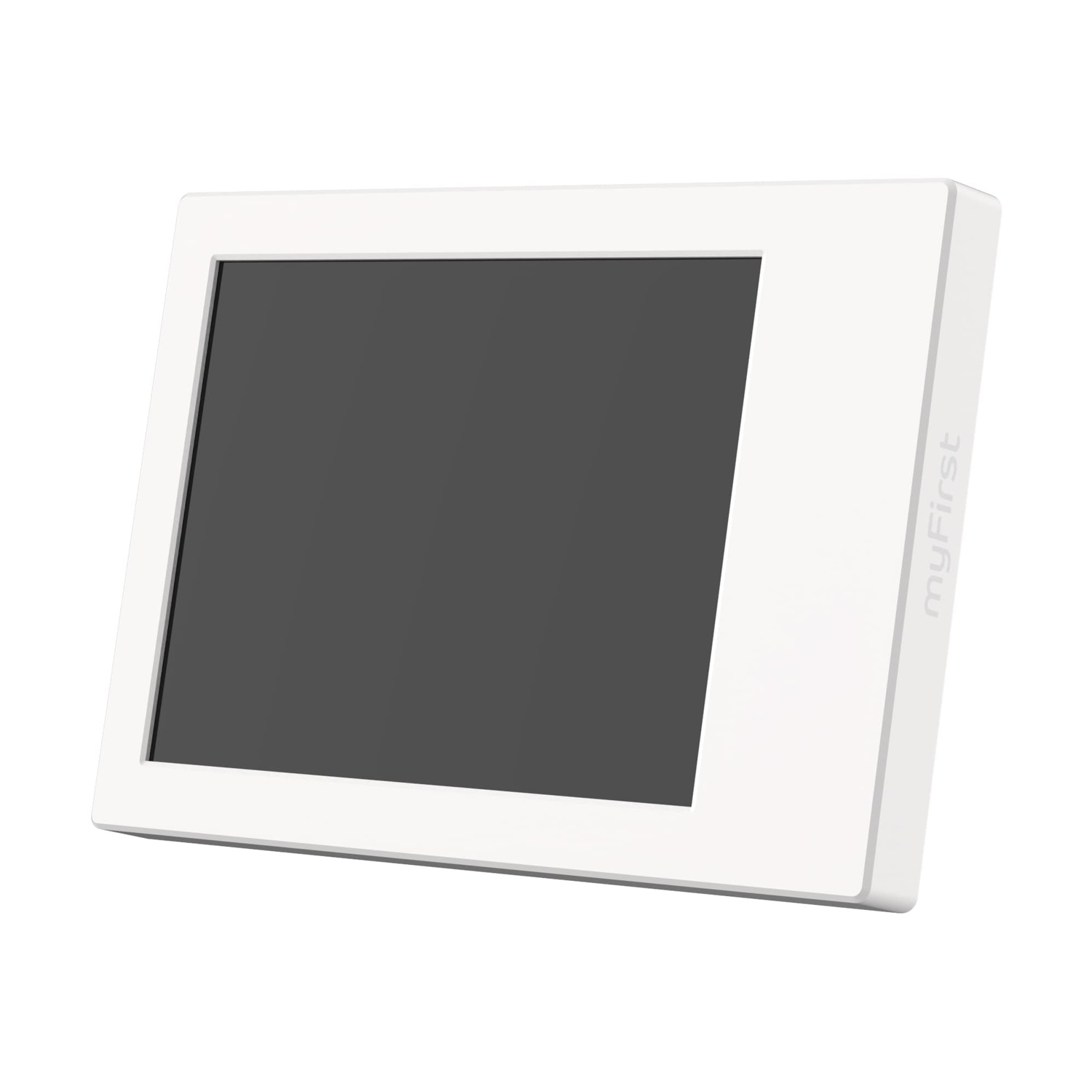 Un dispositivo rettangolare bianco con schermo nero. Il marchio 'myFirst' è sul lato. Sembra una cornice digitale.