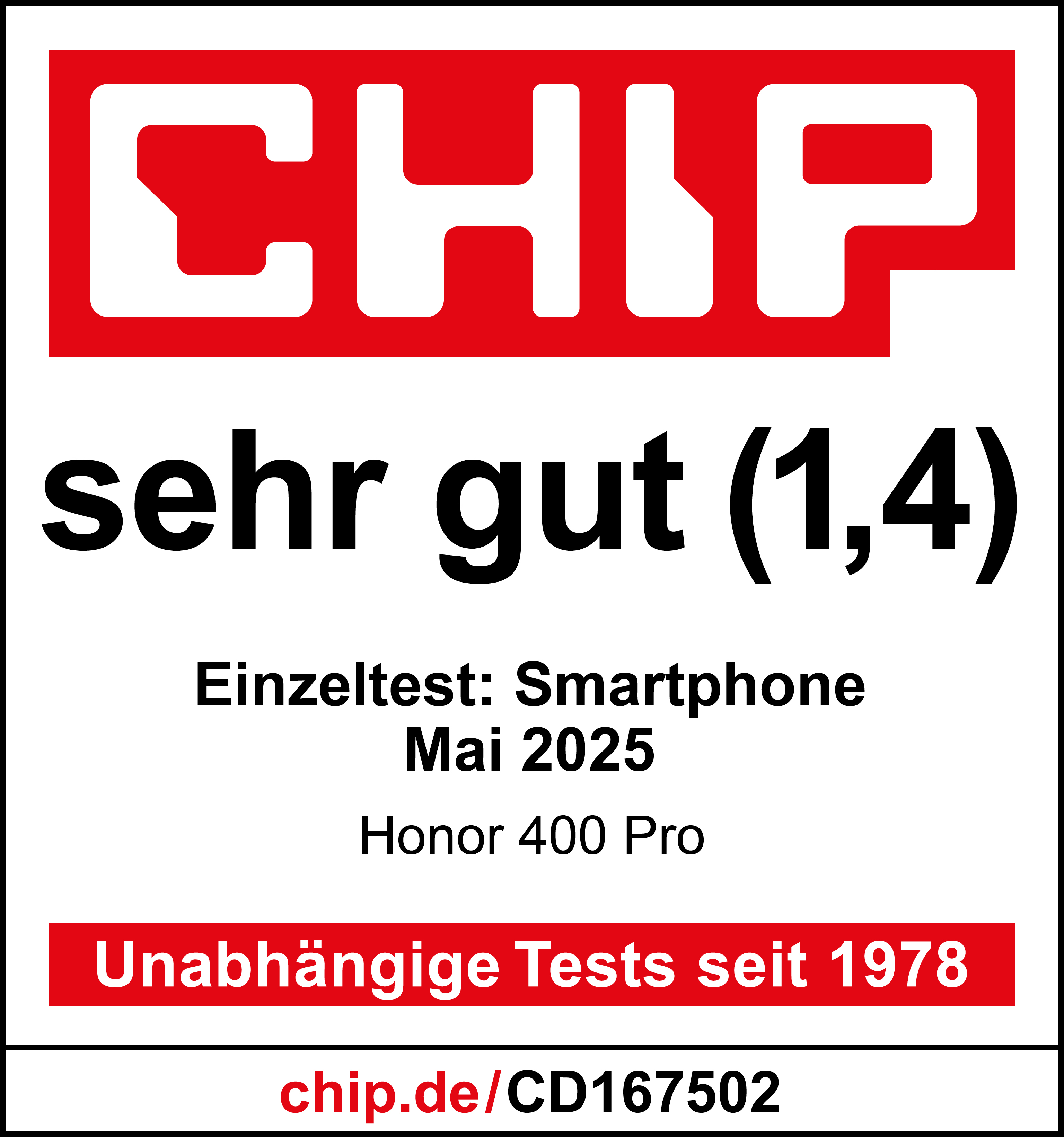 Das Bild zeigt ein rot-weißes Logo mit den Worten 'sehr gut'. Darunter steht Text über einen Telefontest.