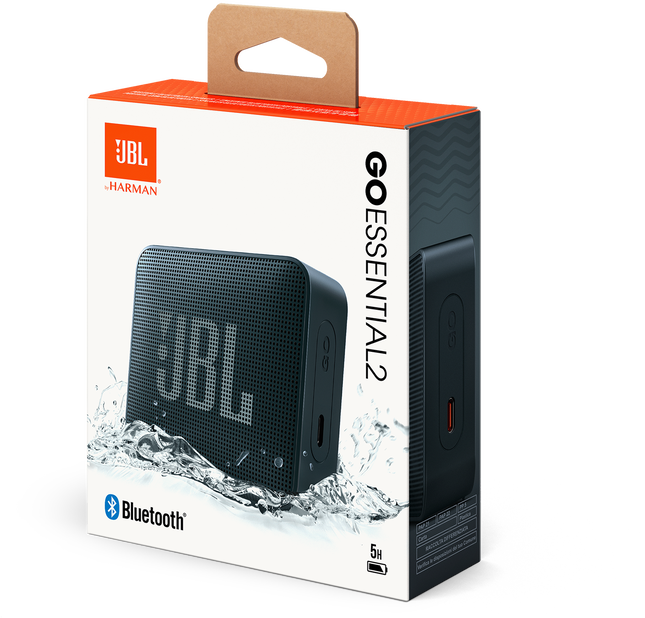 JBL Go Essential 2 hangszóró doboz. Fekete hangszóró fehér víz háttéren. Barna karton fogantyú a tetején.