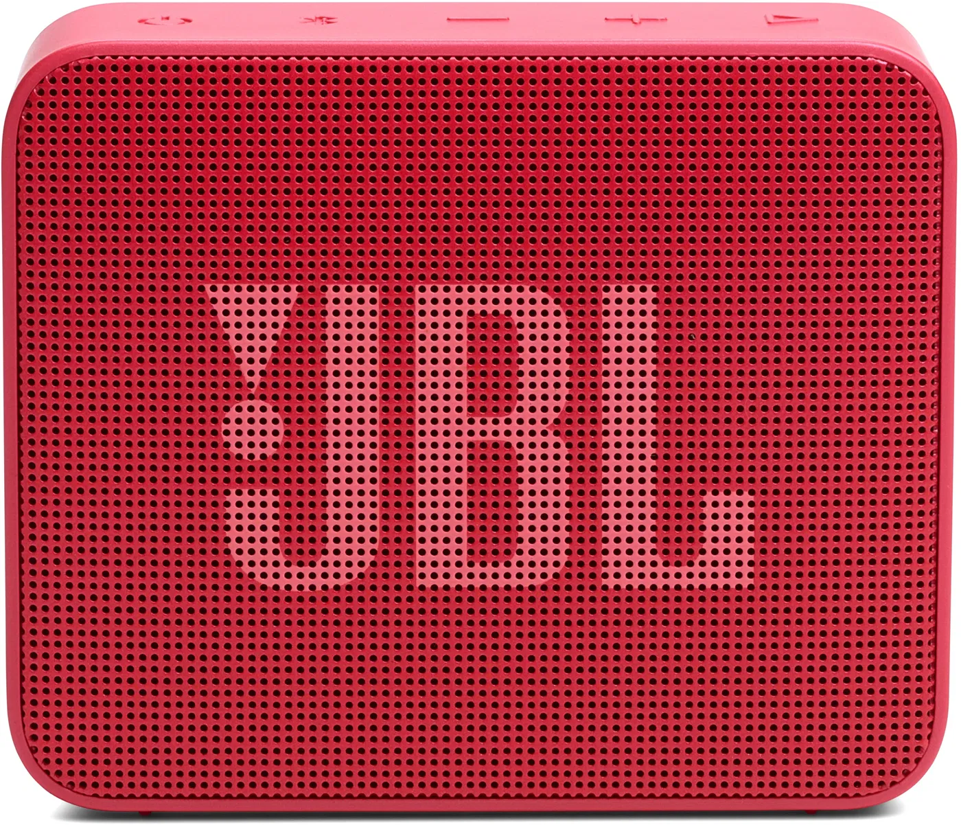 Piros JBL hangszóró. Az előlapon lyukrács van a JBL logóval. Felül gombok találhatók.