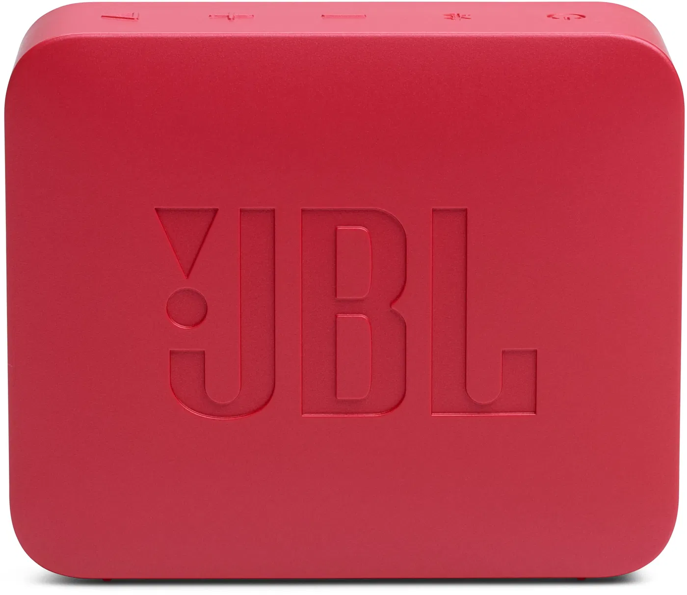 Egy piros JBL hangszóró. A JBL logója a fronton dombornyomott. Felül gombok és jelzők találhatók. Lekerekített sarkok.