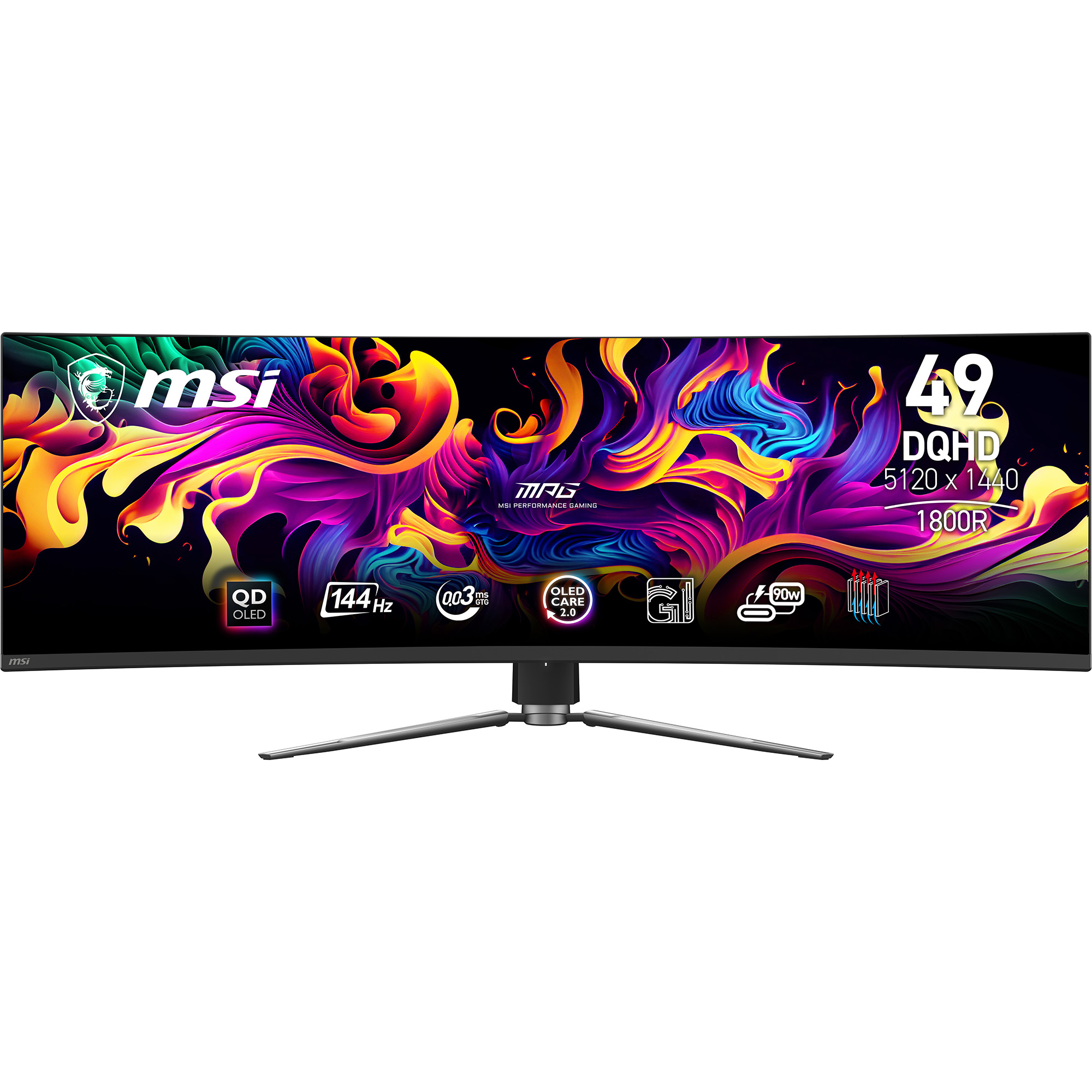 Gebogener MSI-Gaming-Monitor. Merkmale: 49 Zoll, DQHD 5120x1440, 1800R, QD OLED, 144Hz. Der Ständer ist silberfarben.