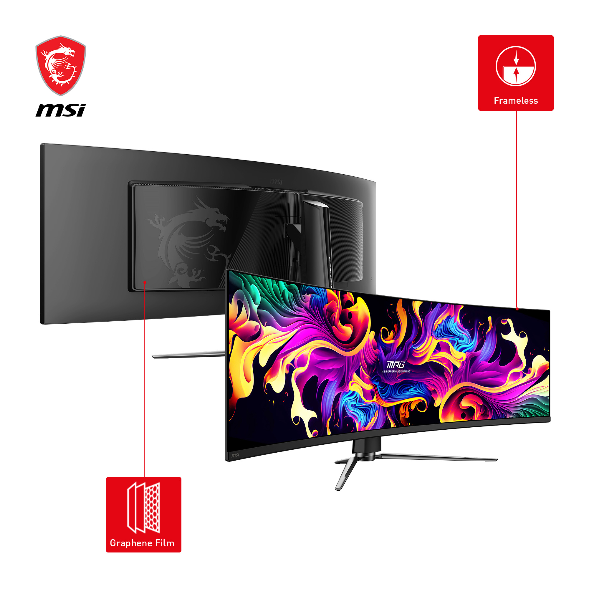 MSI gebogener Gaming-Monitor. Merkmale: rahmenloses Design, Graphenfolie und MSI-Logo. Zeigt ein farbenfrohes abstraktes Bild.