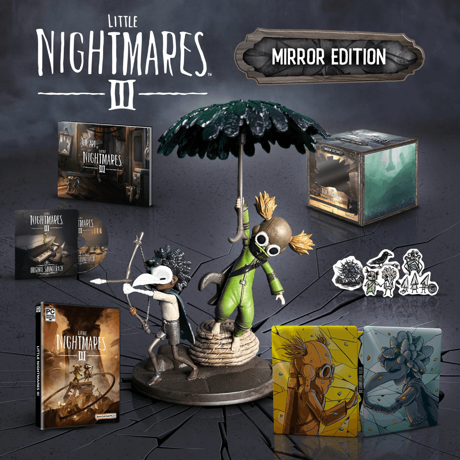 Imagen promocional de Little Nightmares III, con una estatua, cajas de juegos y un libro de arte. También se ve la caja de la Edición Espejo.