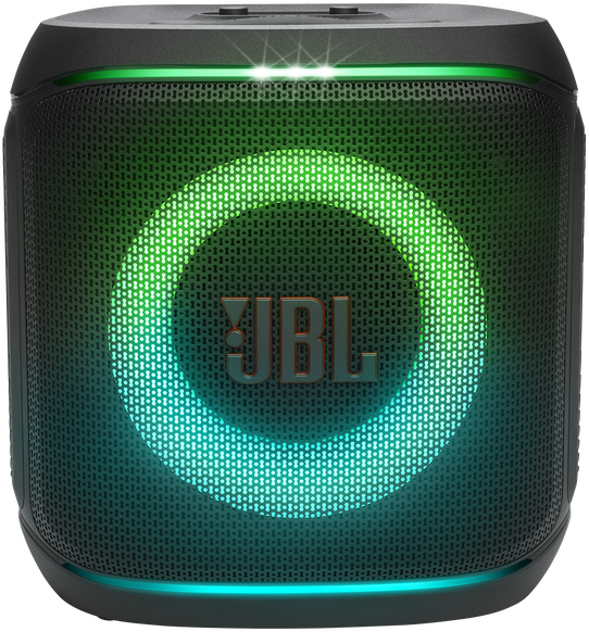 Fekete JBL hangszóró zöld és kék kör alakú fénnyel. A JBL logó középen van. Két gomb látható felül.