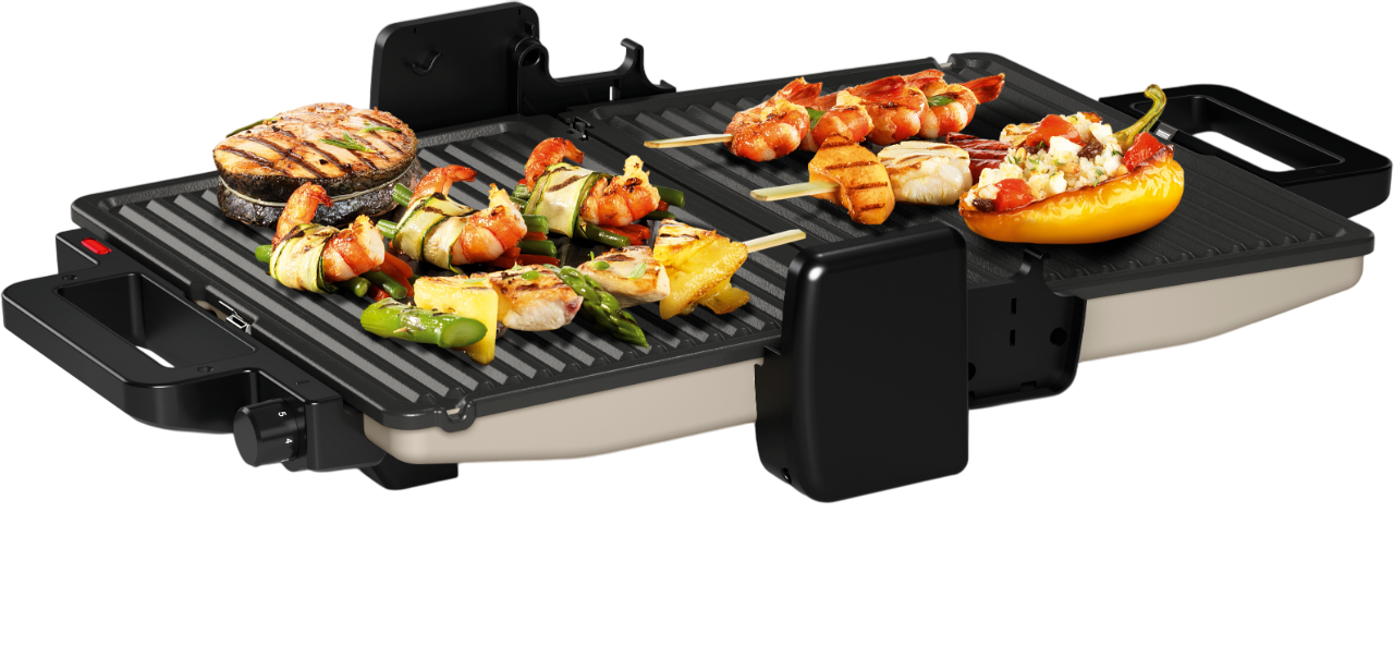 Grill mit gegrilltem Lachs, Garnelenspießen und Gemüse. Der Grill ist schwarz und beige, mit dem Essen auf den Grillplatten.