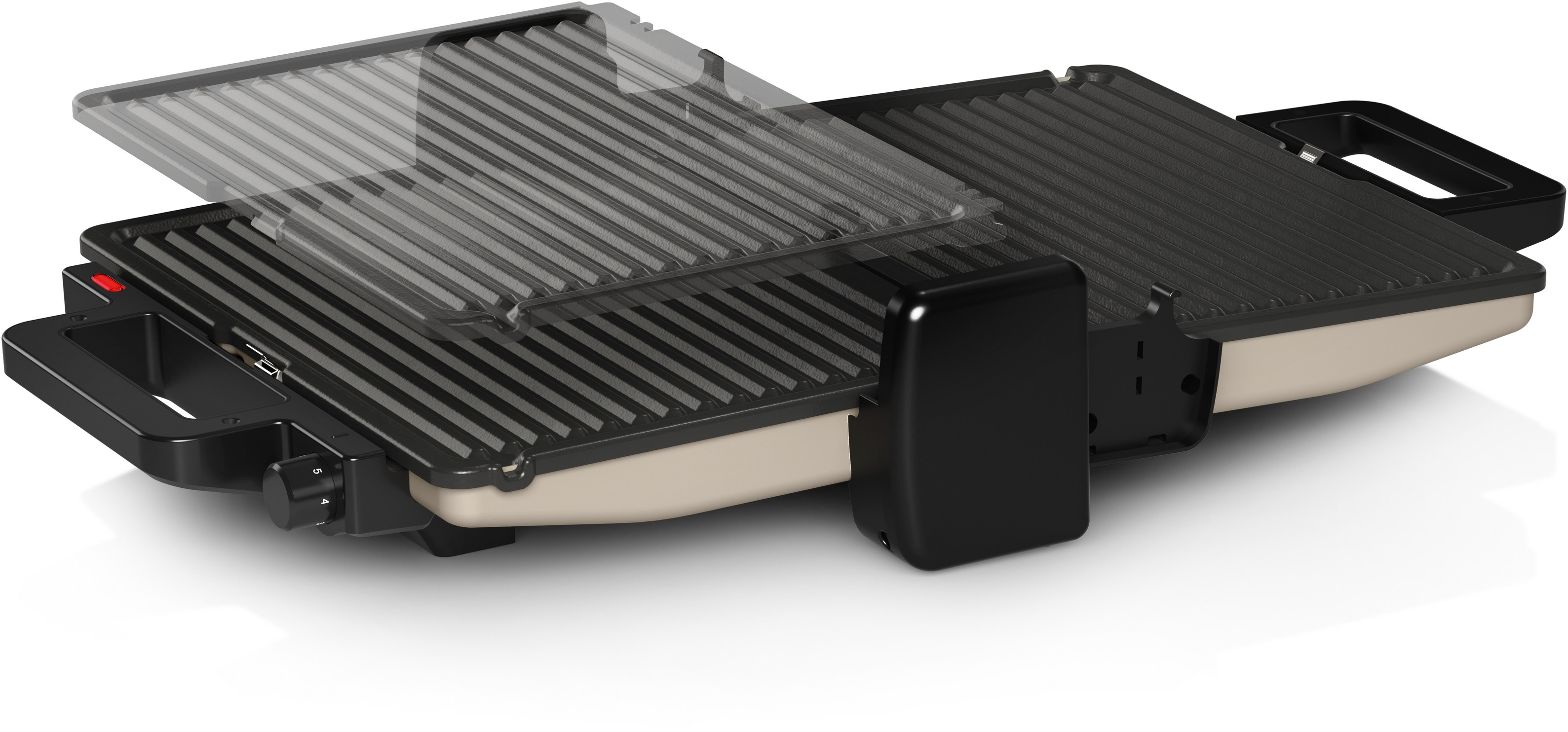 Ein offener Elektrogrill, schwarz und beige. Der obere Grill ist offen und gibt die Grillplatte frei. Ein rotes Licht leuchtet.