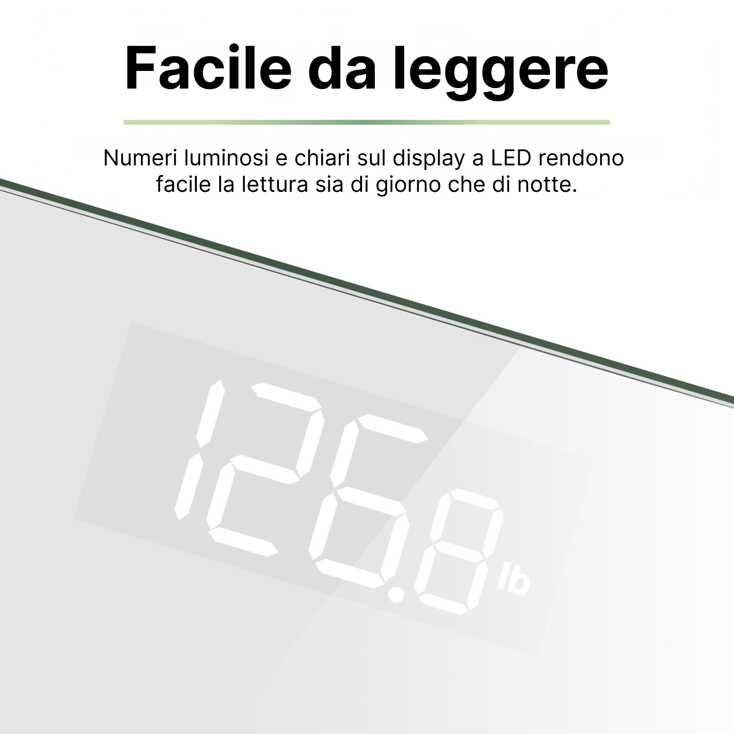 Il display della bilancia digitale mostra 126,8 lb in cifre bianche. Il testo sopra recita 'Facile da leggere'.