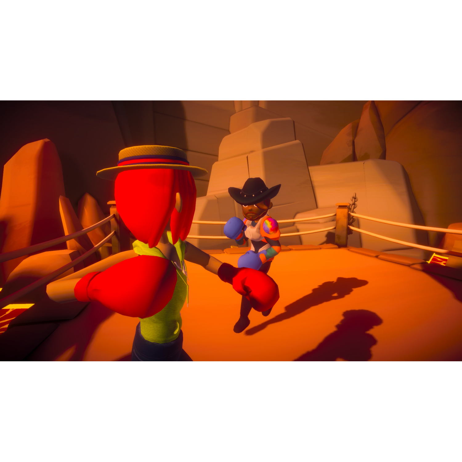 Twee cartoonboksers in een ring. Eén met rood haar en handschoenen, de andere met een cowboyhoed en handschoenen.