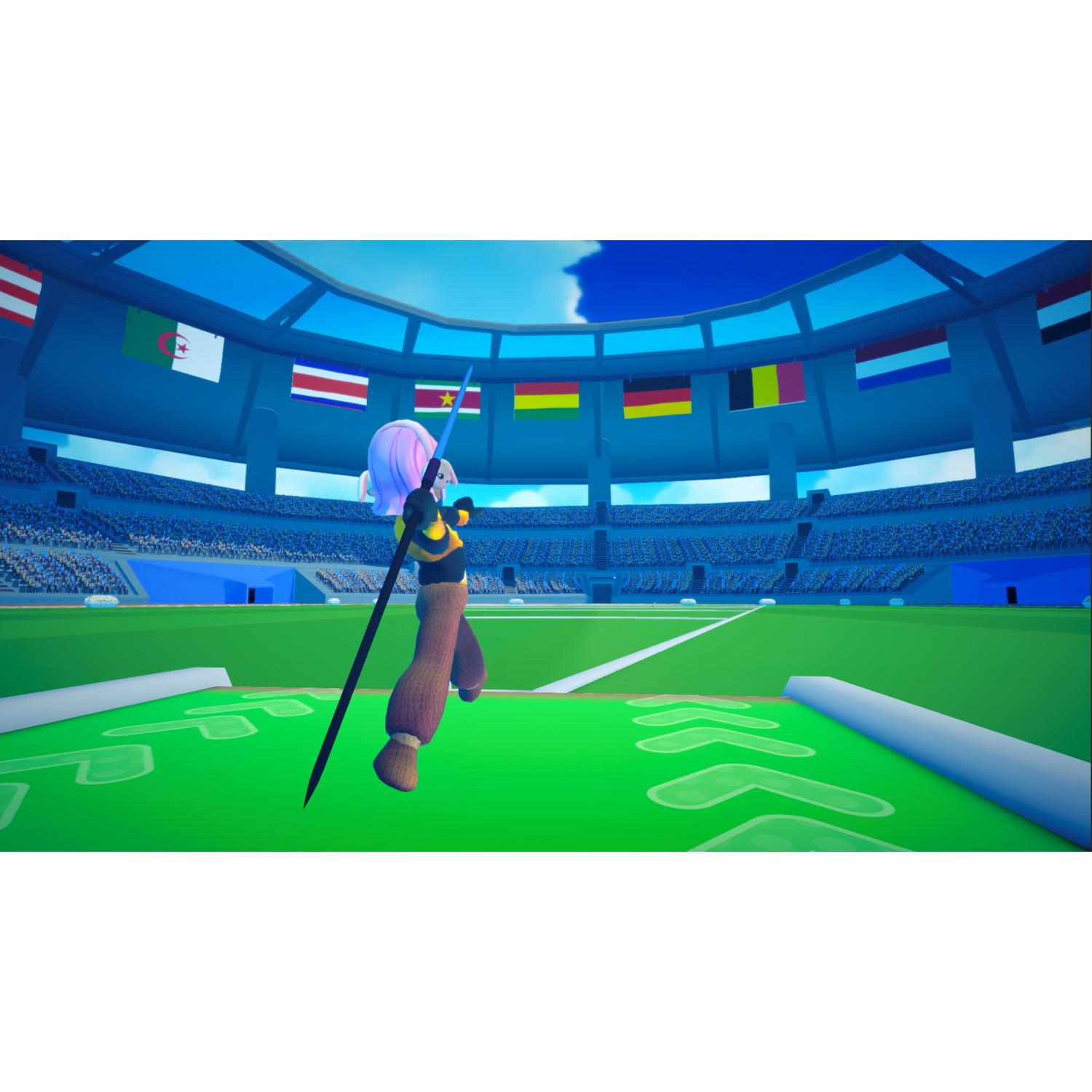 Een personage met roze haar gooit een speer in een stadion. Vlaggen van verschillende landen hangen. Het veld is groen.