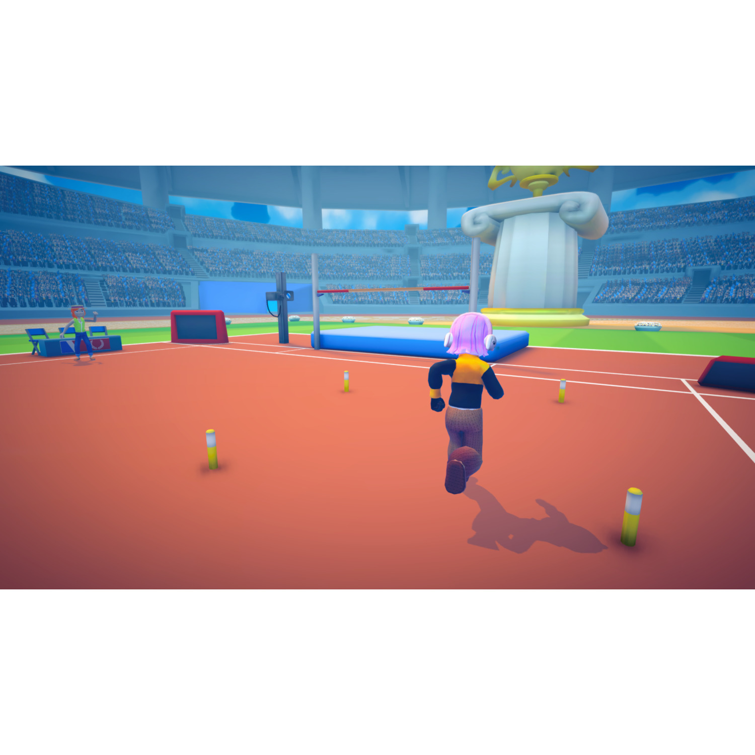 Een hardloper in een stadion nadert een hoogspring. Een grote zuil met een trofee staat op de achtergrond. Toeschouwers vullen de tribunes.