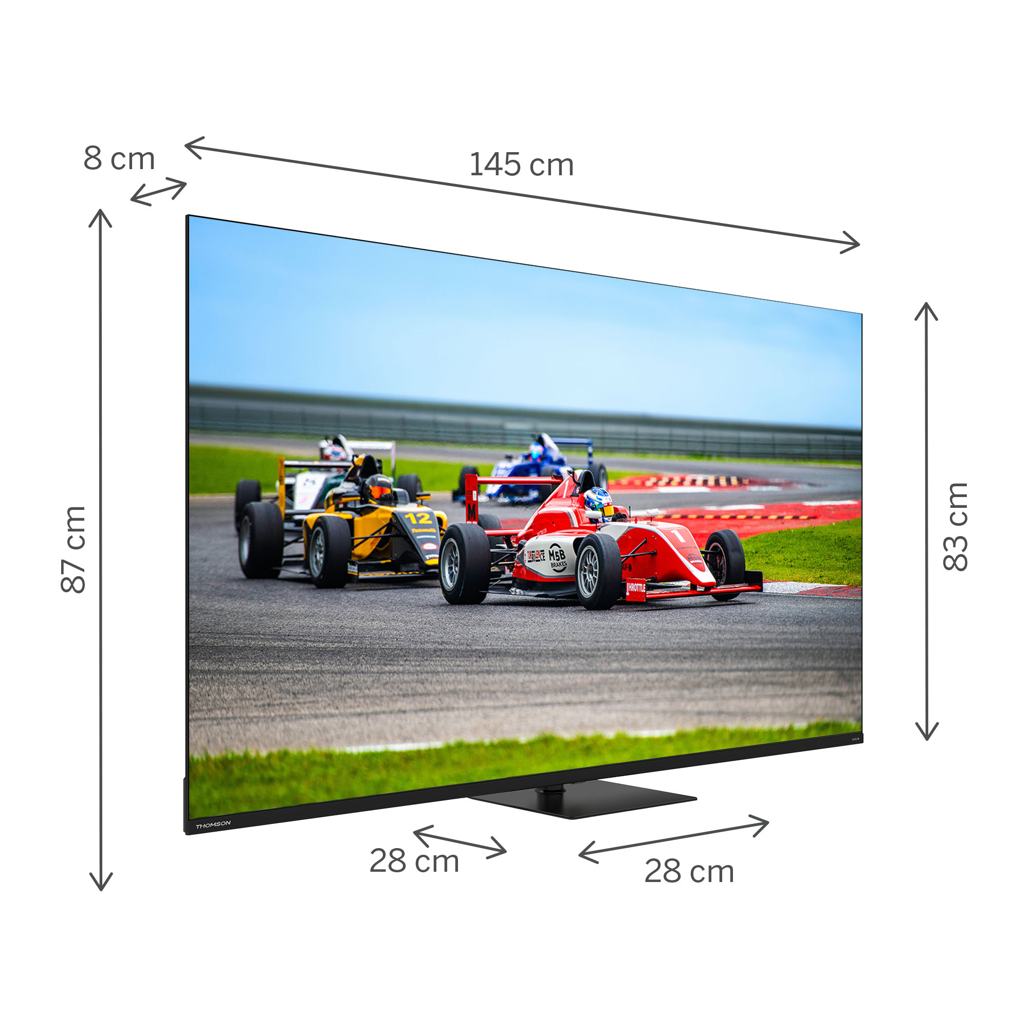Bir TV, mavi bir gökyüzünün altında bir pistte kırmızı ve sarı yarış arabalarıyla bir yarış sahnesi görüntülüyor. Boyutlar verilmiştir.