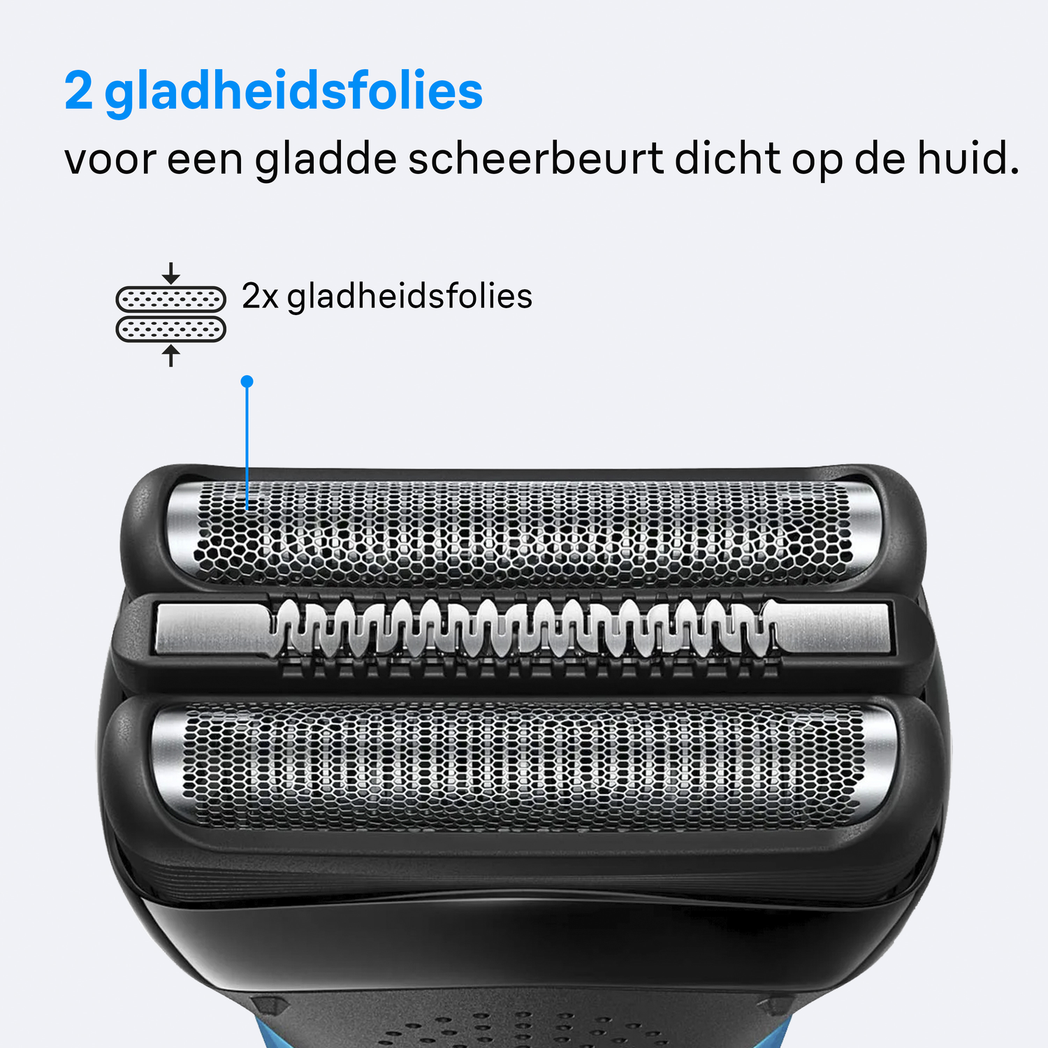 Close-up of a shaver head with two foil heads and a trimmer. Text indicates '2 foil heads'.