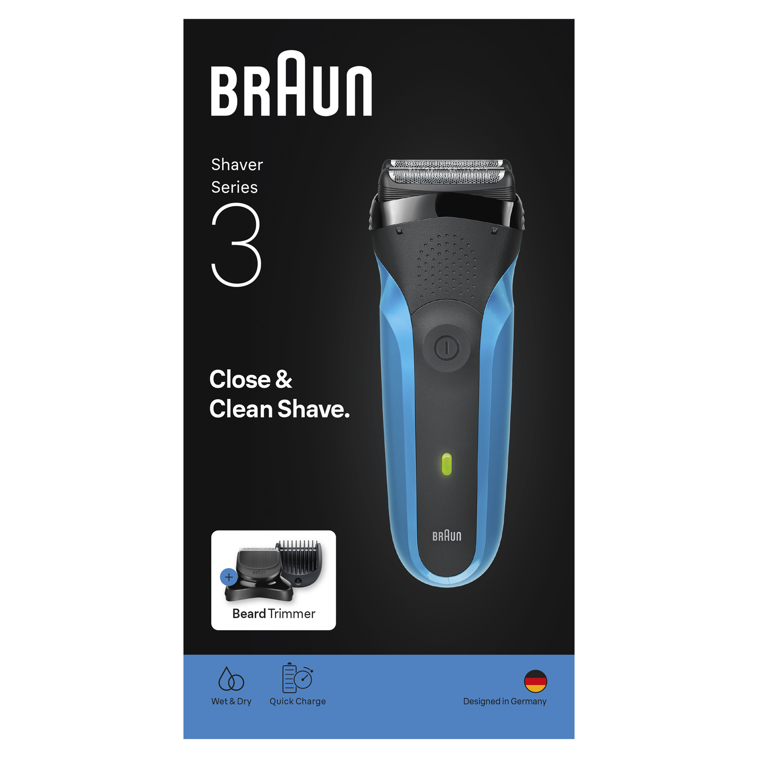 Braun Series 3 shaver. Blue and black design, with a beard trimmer attachment. Features include wet & dry and quick charge capabilities.