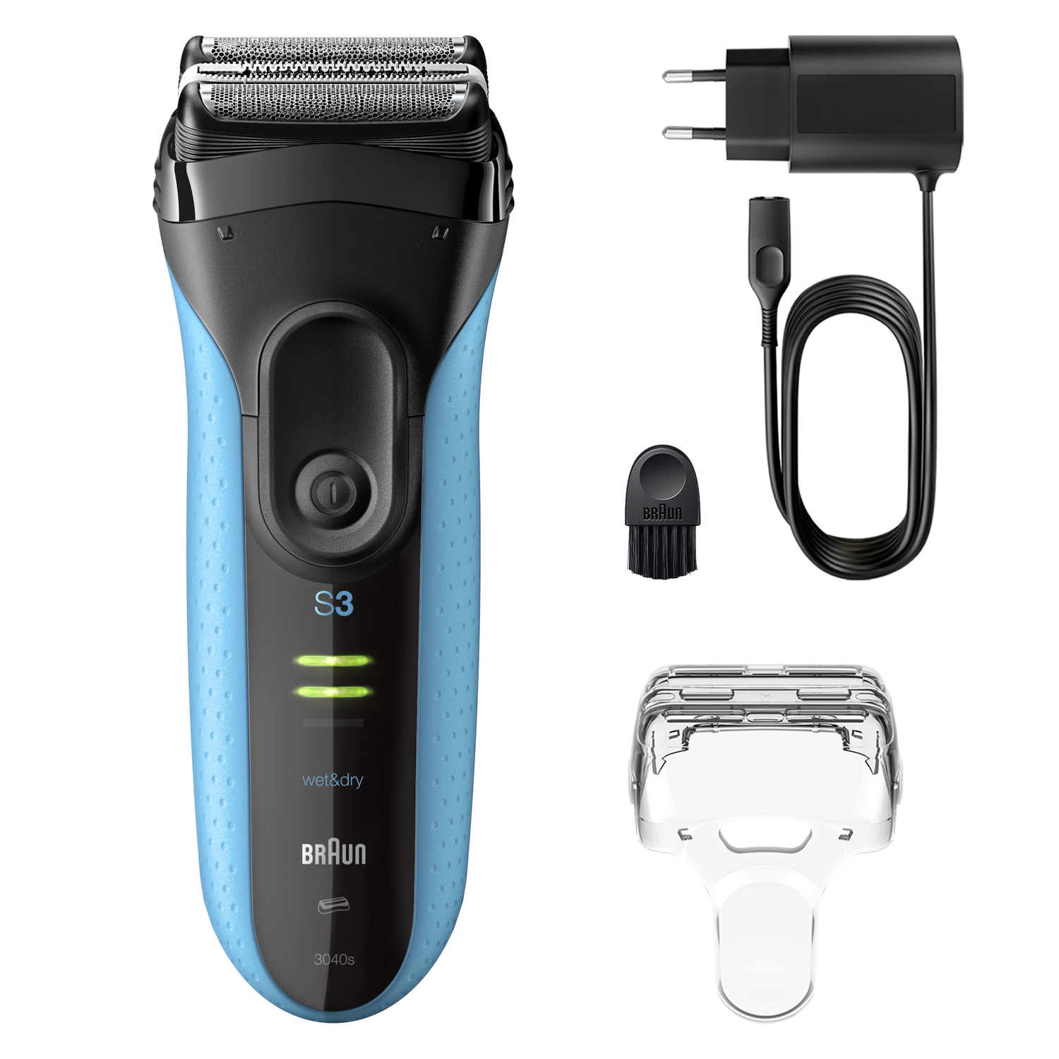 Blue and black Braun electric shaver with charger, brush, and protective cover. The shaver has a 'wet&dry' label and S3 model.