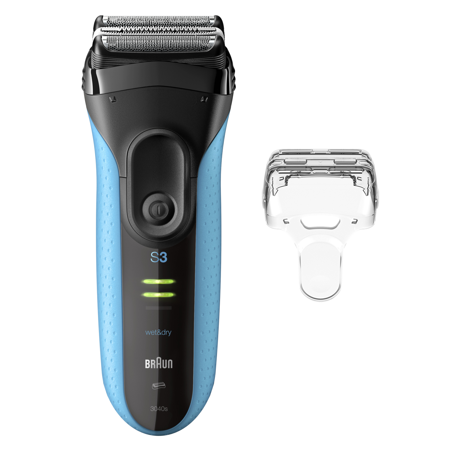 Electric shaver with blue handle, black top, and clear protective cap. Green lights indicate power. Brand is Braun.
