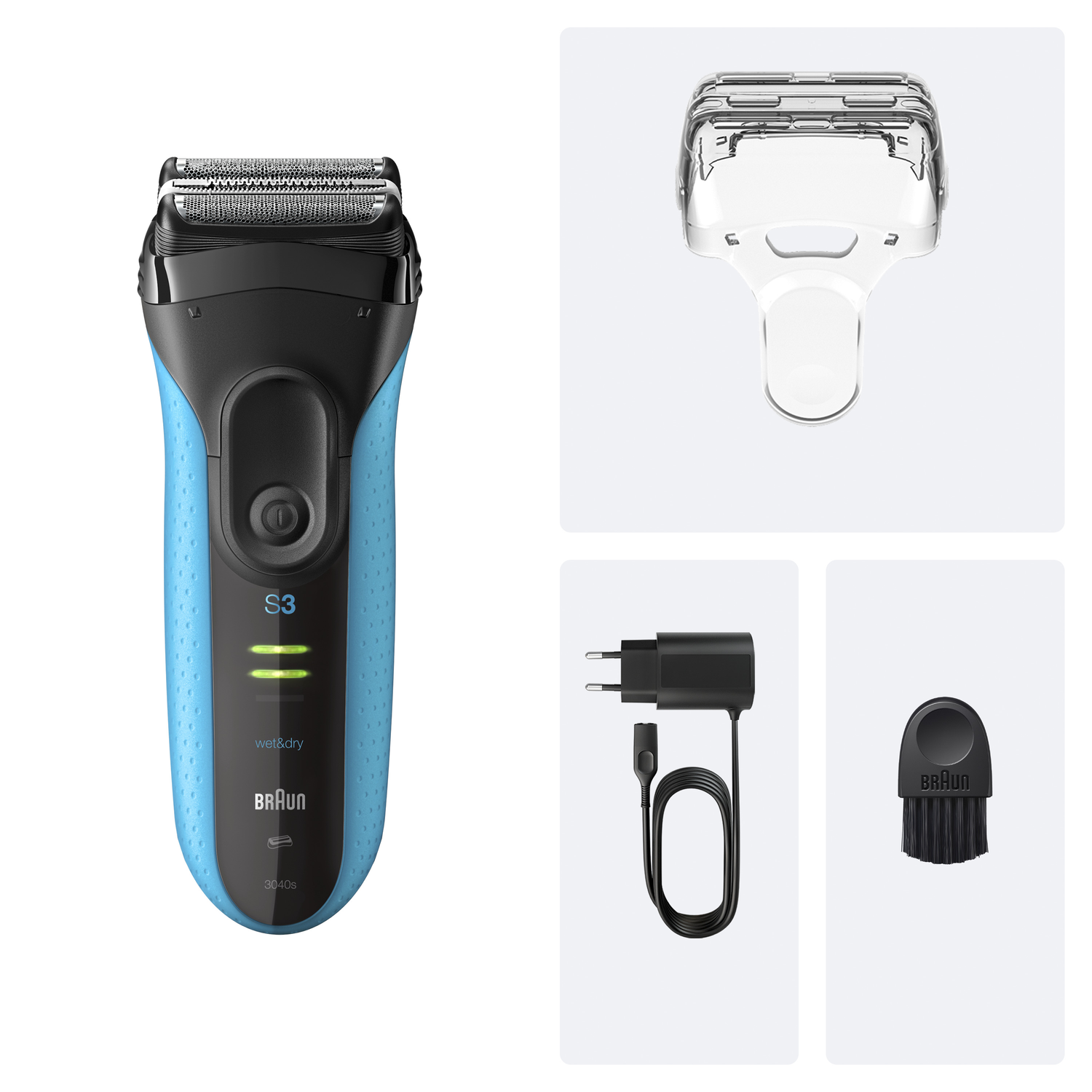 An electric shaver with accessories. Main shaver is blue and black. Accessories include a cleaning head, charging cable and brush.