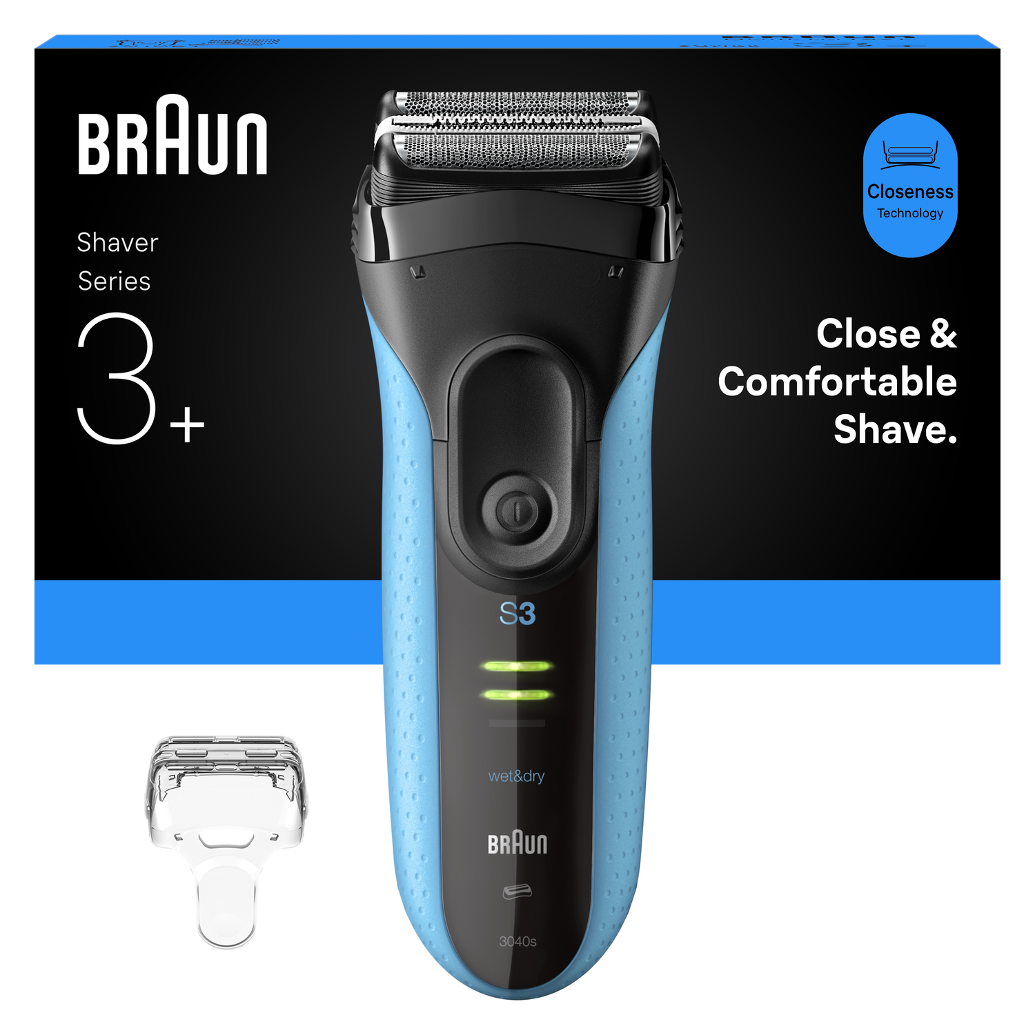 A Braun Series 3 electric shaver, black and blue, with a clear protective cap. Features include wet&dry and closeness technology.