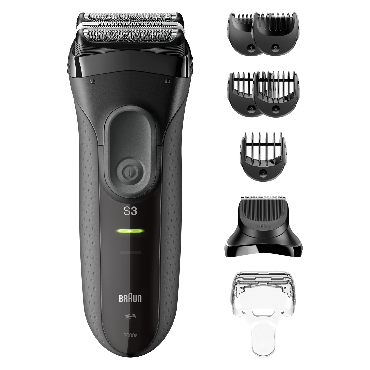 A black electric shaver with multiple attachments, including trimmer heads. The brand is Braun.