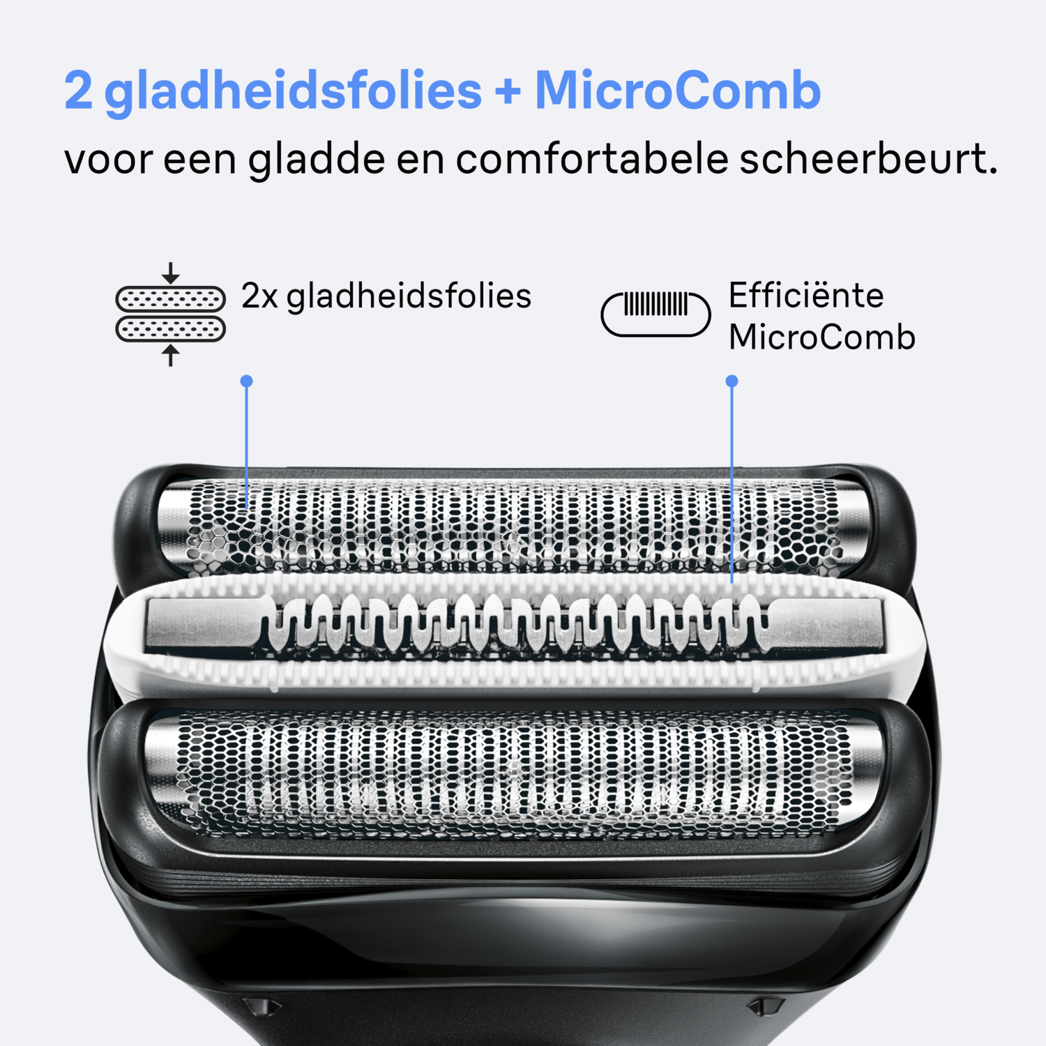 Close-up of a shaver head with two foil blades and a MicroComb, designed for a smooth and comfortable shave.