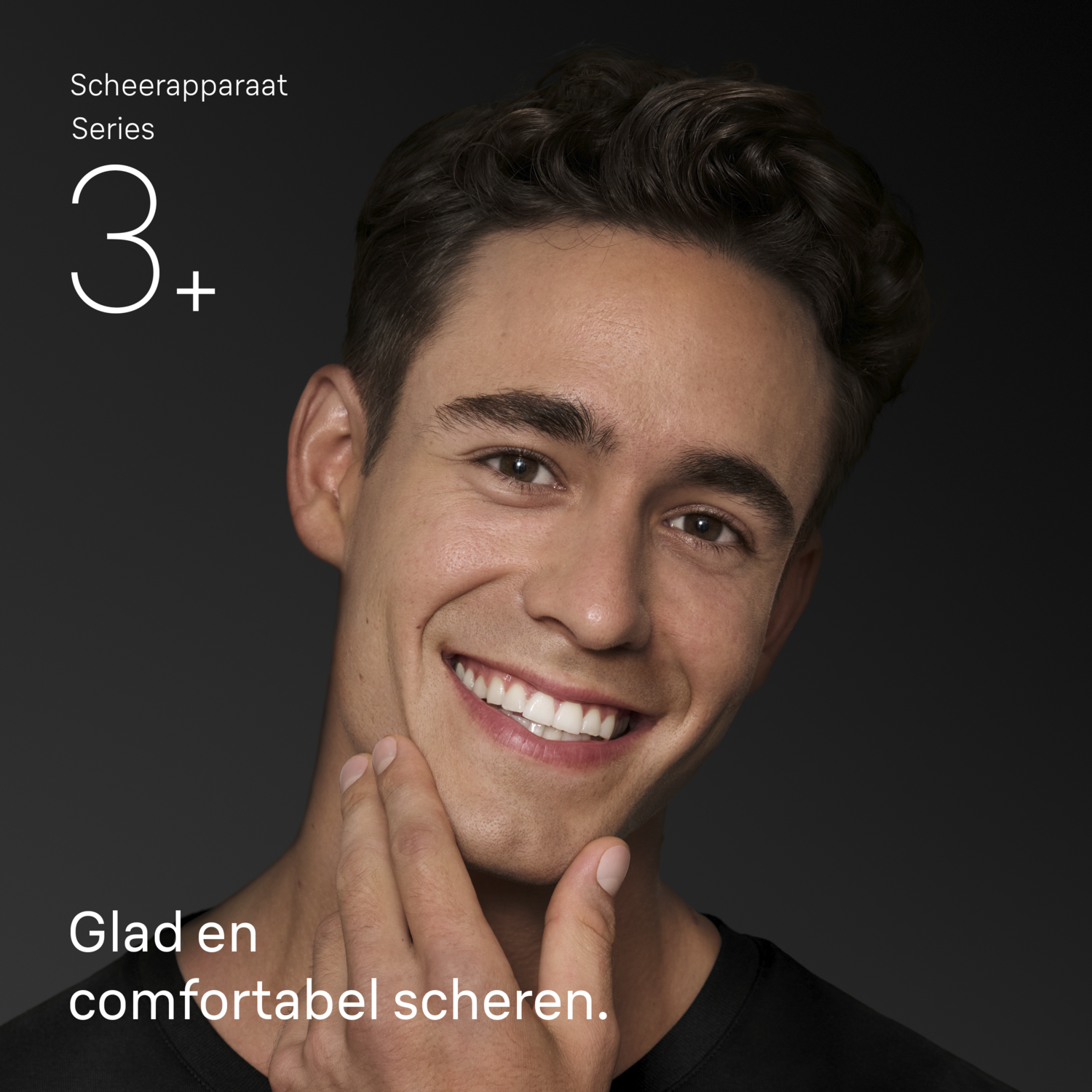 A smiling man touches his jaw, advertising a shaver. Text reads 'Smooth and comfortable shaving' and product details.