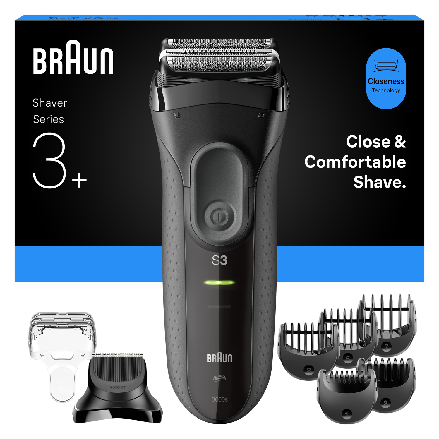 Braun Series 3 electric shaver with accessories. Black and gray design. Includes shaver head, trimmer, and various comb attachments.