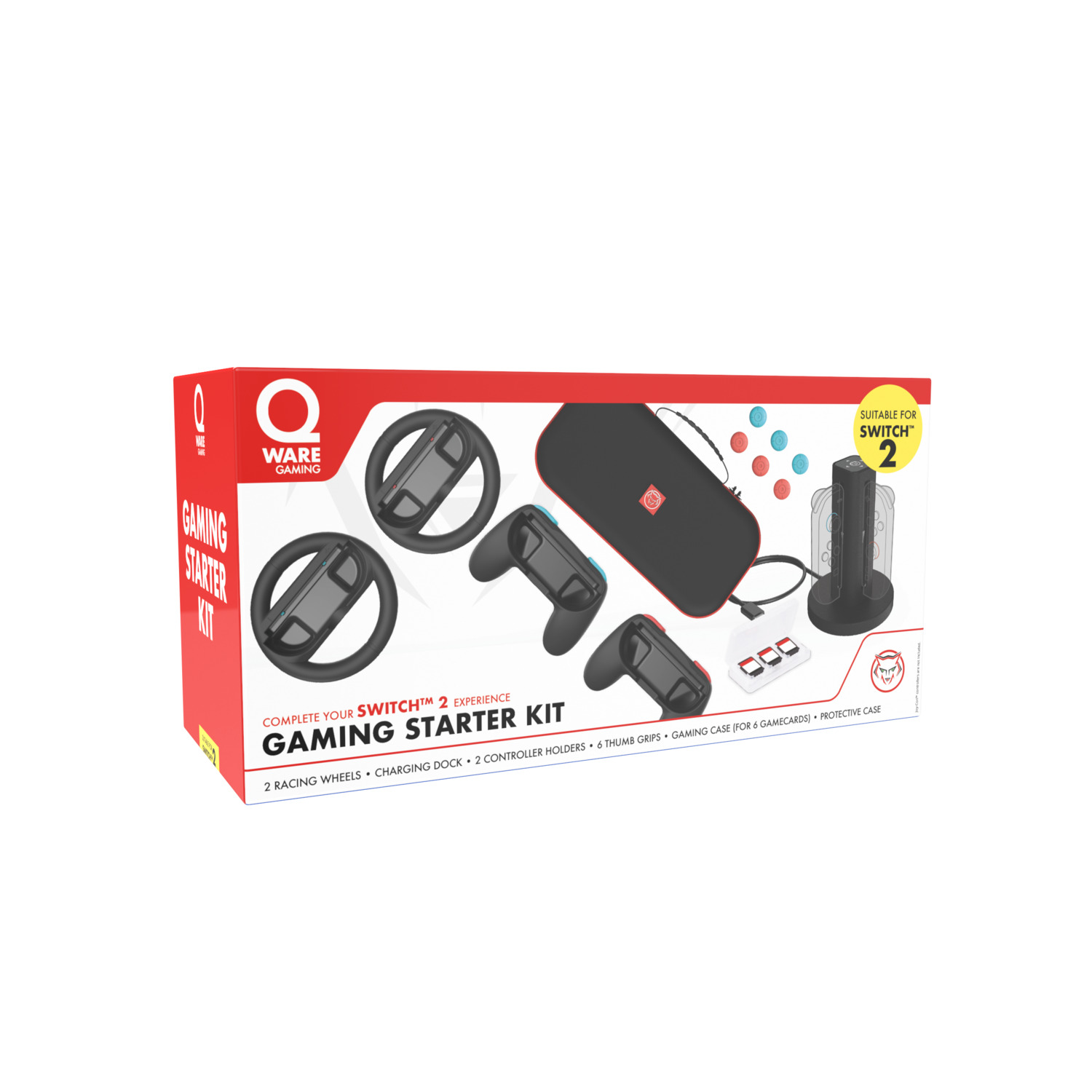 Une boîte rouge et blanche avec des accessoires de jeu. Comprend des volants, des supports de manette, une station de charge et un étui.