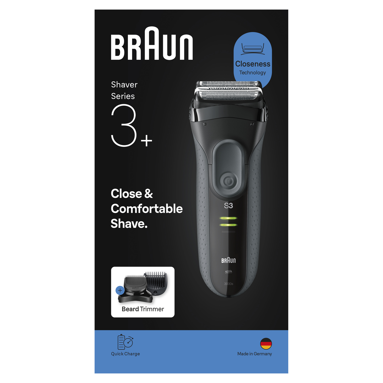 Braun Series 3+ electric shaver. Features include a beard trimmer and quick charge, with a 'Made in Germany' label.