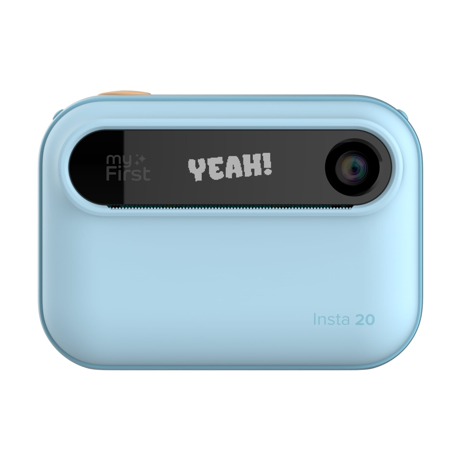 Una fotocamera Insta 20 azzurra. Ha uno schermo nero con scritto 'YEAH!' e 'my First'. Un obiettivo è sulla destra.