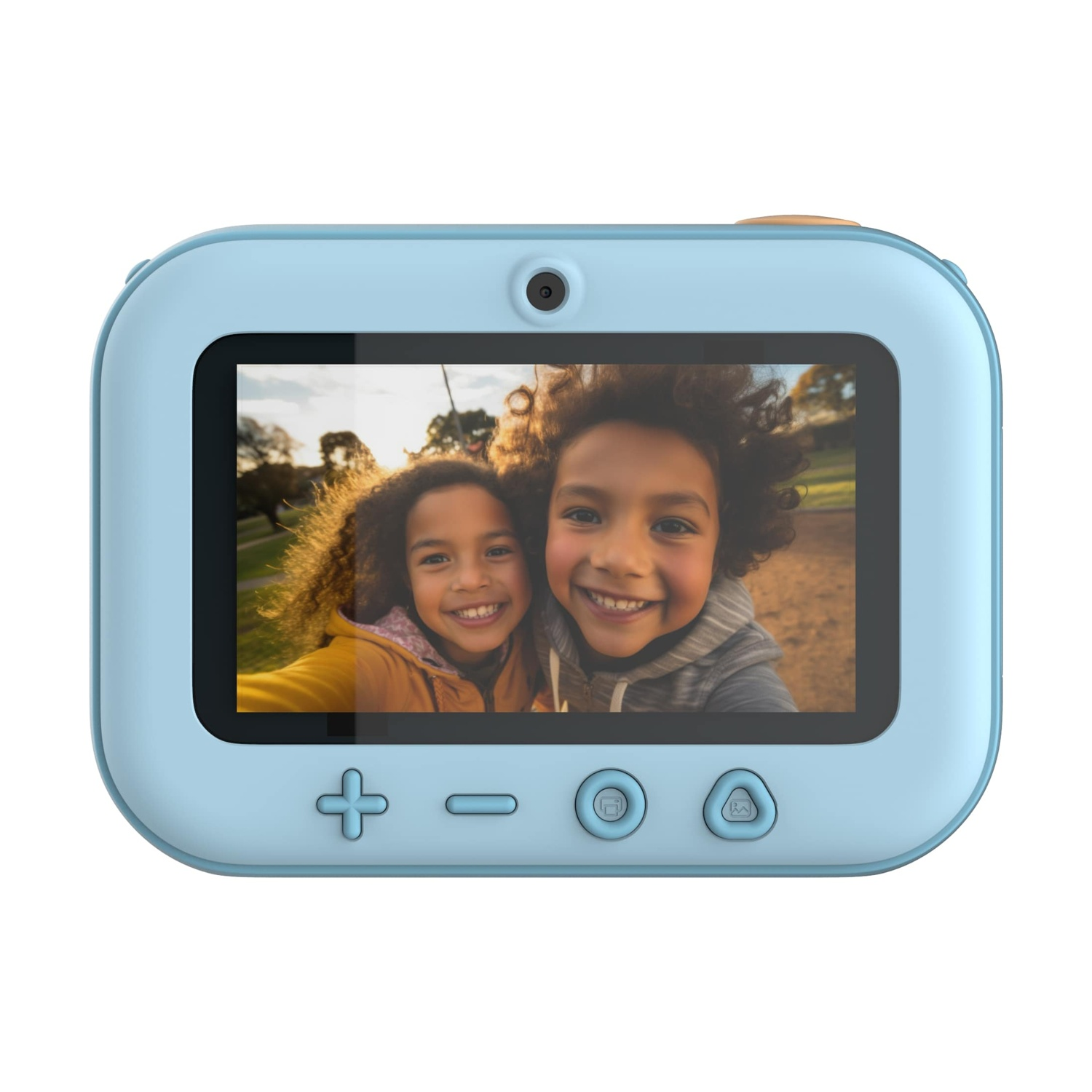 Una fotocamera digitale azzurra che mostra un selfie di due bambini sorridenti. La fotocamera ha pulsanti e uno schermo.