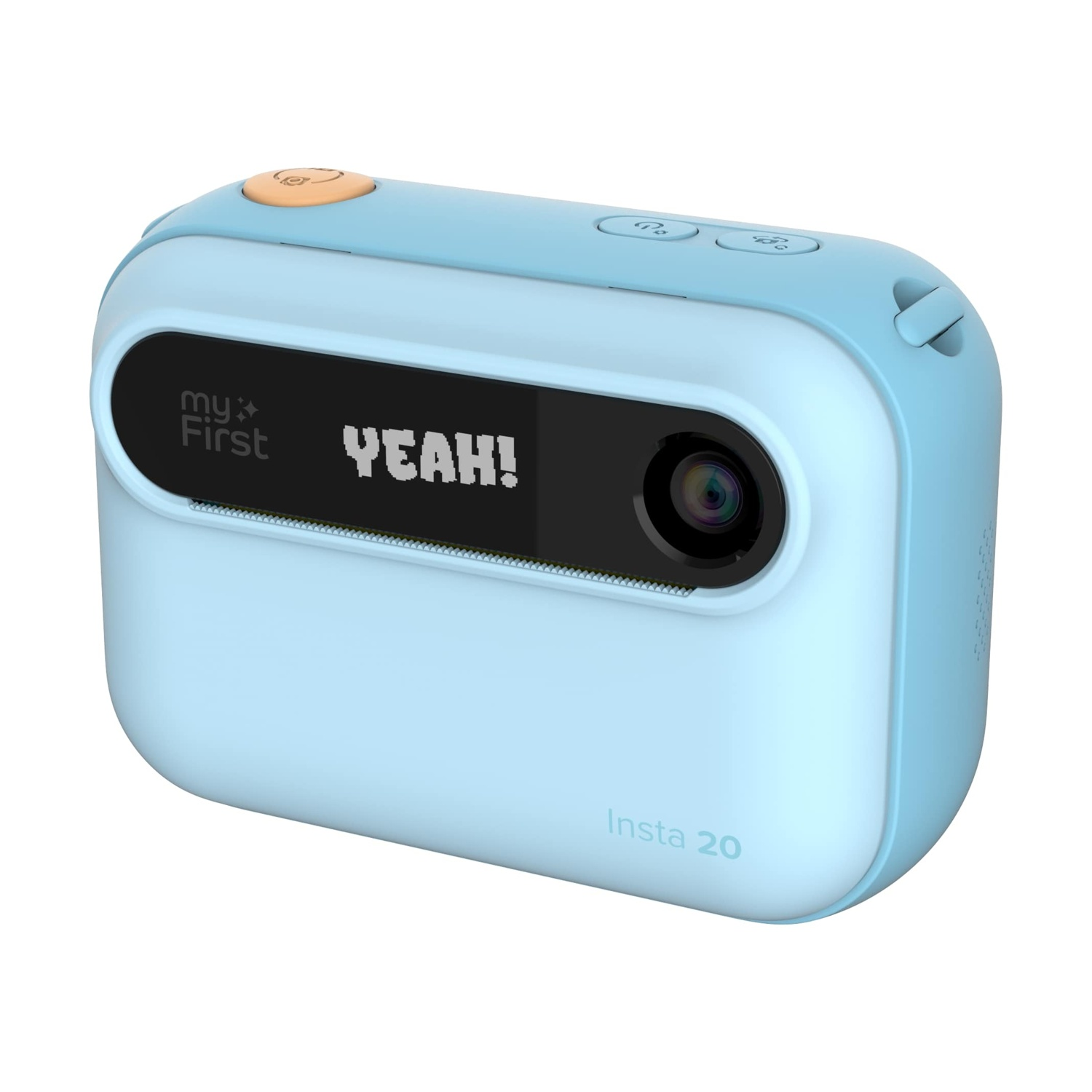 Una fotocamera Insta 20 azzurra con schermo nero che mostra 'YEAH!'. Ha un obiettivo e un pulsante arancione. Lo sfondo è bianco.