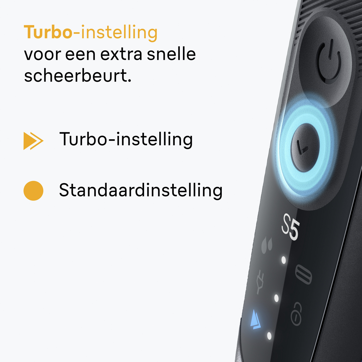 Close-up van een zwarte elektrische scheerapparaat. De aan/uit-knop licht op. Tekst vermeldt 'Turbo-instelling', 'Standaardinstelling'. Blauw licht is aan.