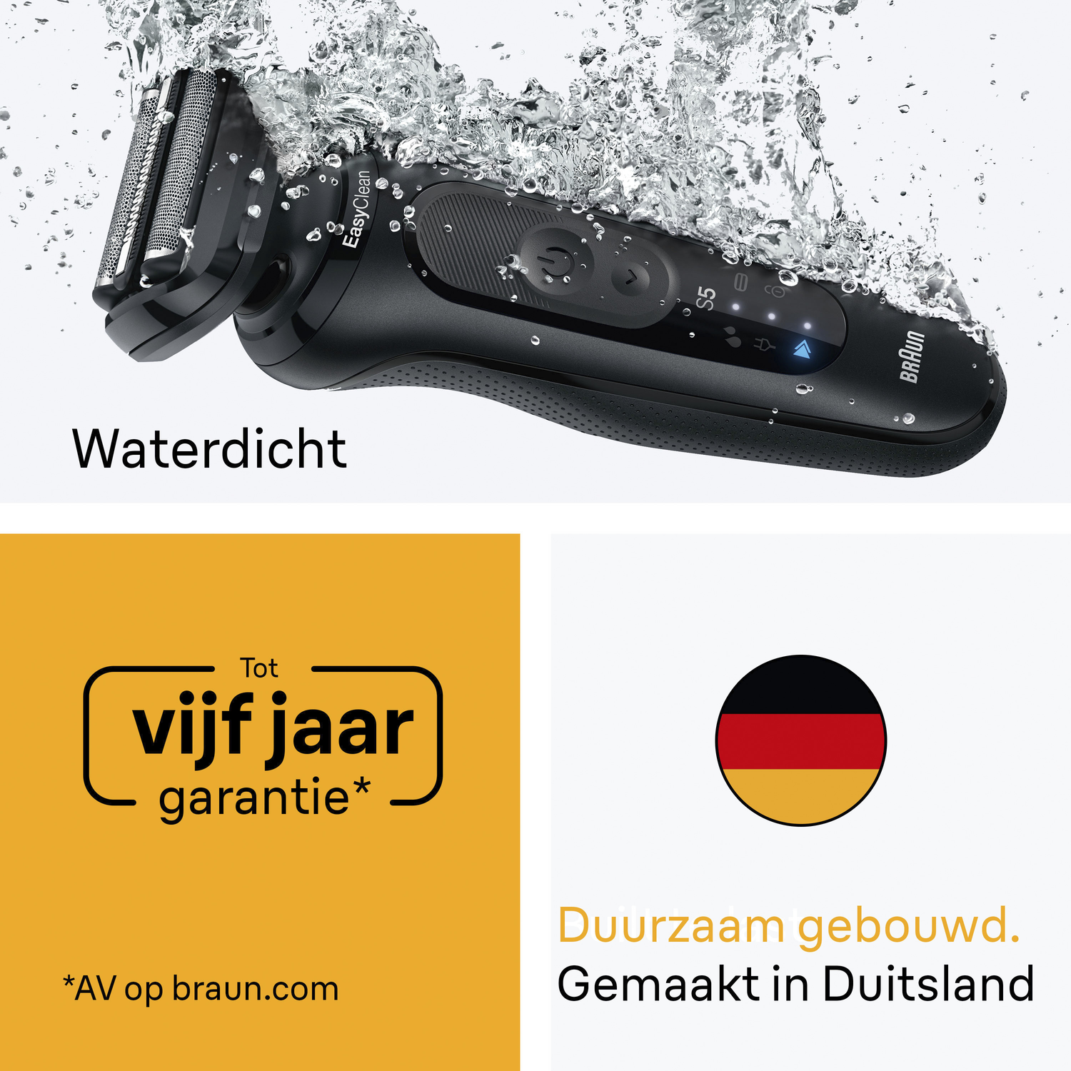 Een zwarte Braun-scheerapparaat onder water. Tekst 'Waterdicht'. Daaronder een oranje vierkant met garantie tekst. Rechts, een Duitse vlag.